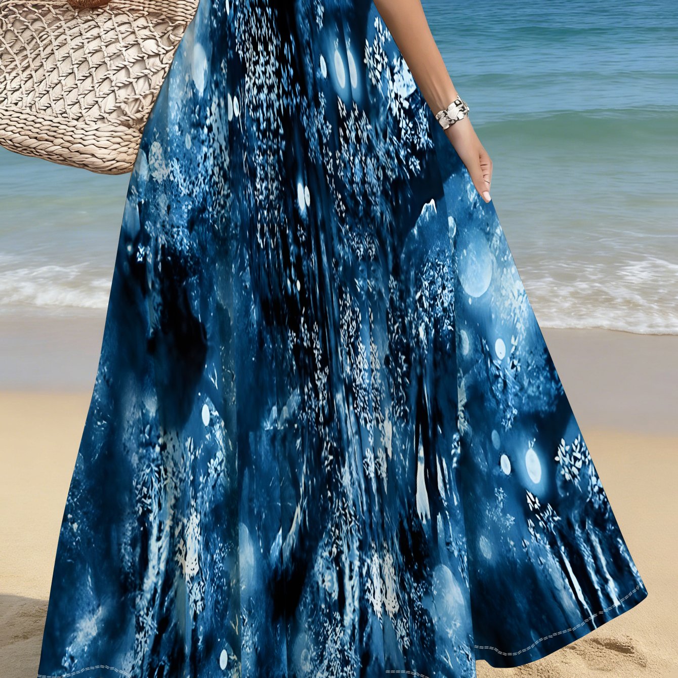 TEMU Women's Plus Size Skirt With Abstract Blue Ocean Pattern, Ideal For Beach, Travel, Casual And Summer Events, Soft Flowing Design, Great For