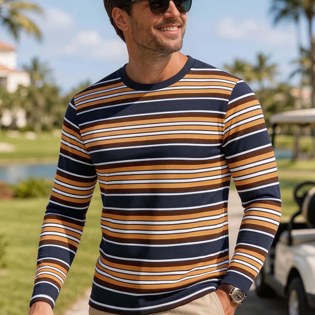 TEMU Men's Casual Crewneck Long Sleeve T-shirt - Retro Navy Blue Tee With Orange And White , Soft Breathable Autumn Streetwear Top