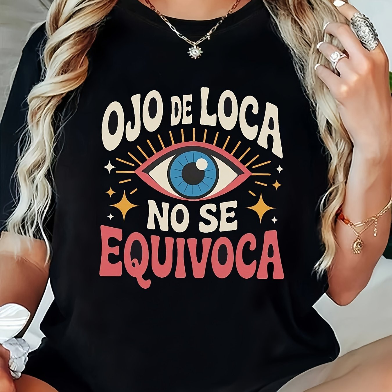TEMU Camiseta de Talla Grande con en Español - "Ojo Equivoca" Diseño Divertido de Ojo, Cuello y Manga Corta , Ajuste Casual para Todas ( en Español)