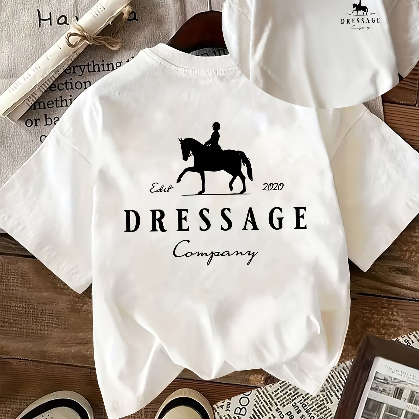 TEMU [double-sided Print] Short-sleeved Round-neck Casual Top Featuring Of An Rider Silhouette And "" Text, Suitable For Women's Spring And Summer