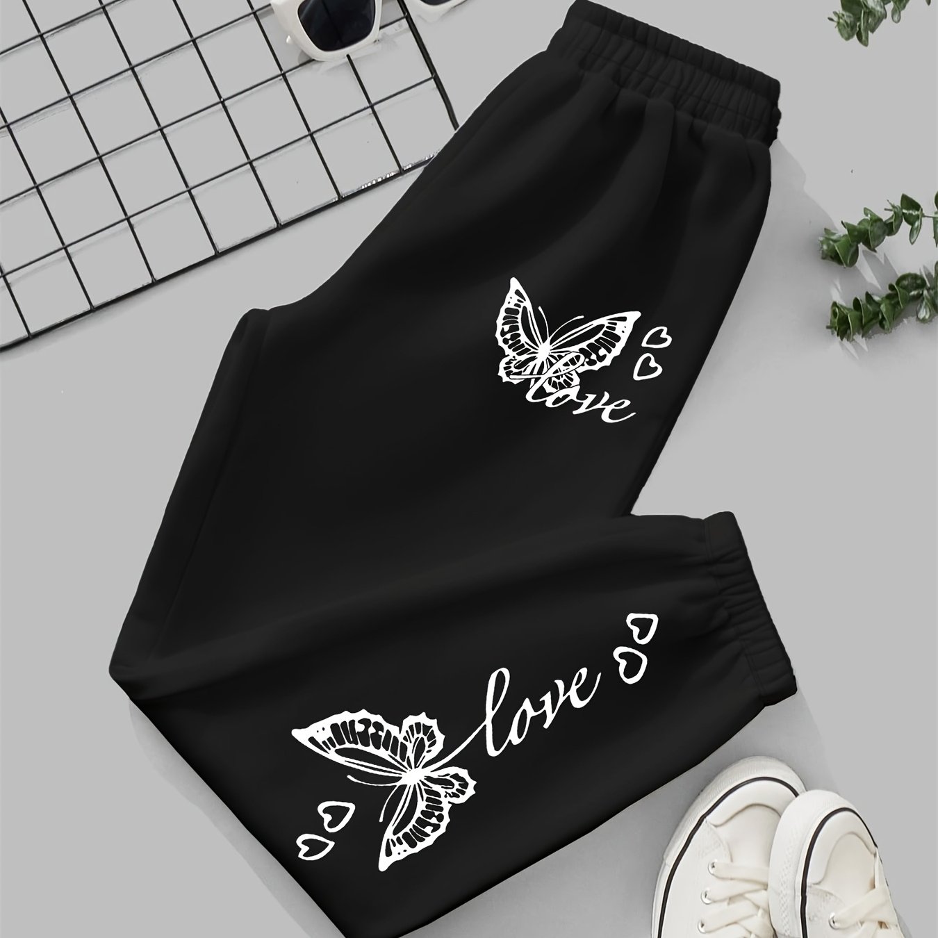 TEMU 1pc Women's Casual Polyester Jogger Pants With Love Print, Knit Fabric, Pocket Detail, Fashionable Athletic Trousers For Adults