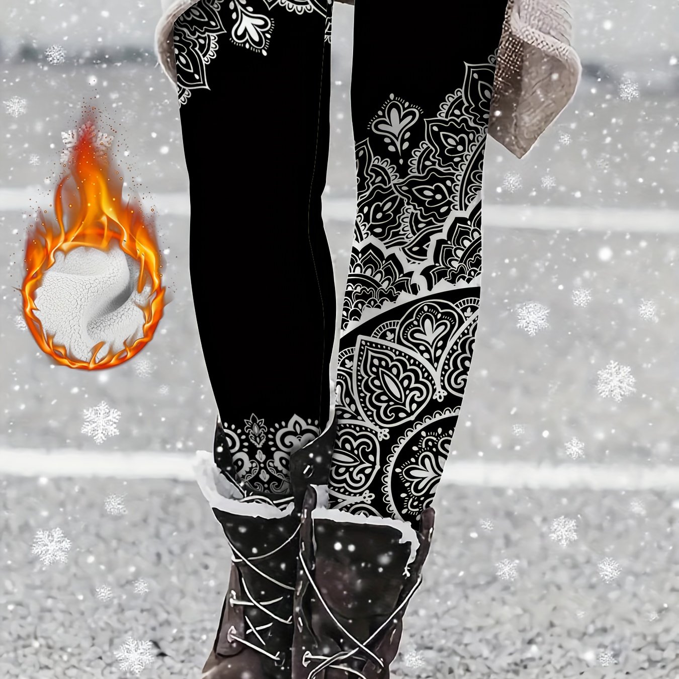 Fashion Print Solid Color Floral Mandala Print Cropped Pants Women's Fleece-lined Warm Sports Casual Yoga Pants Leggings