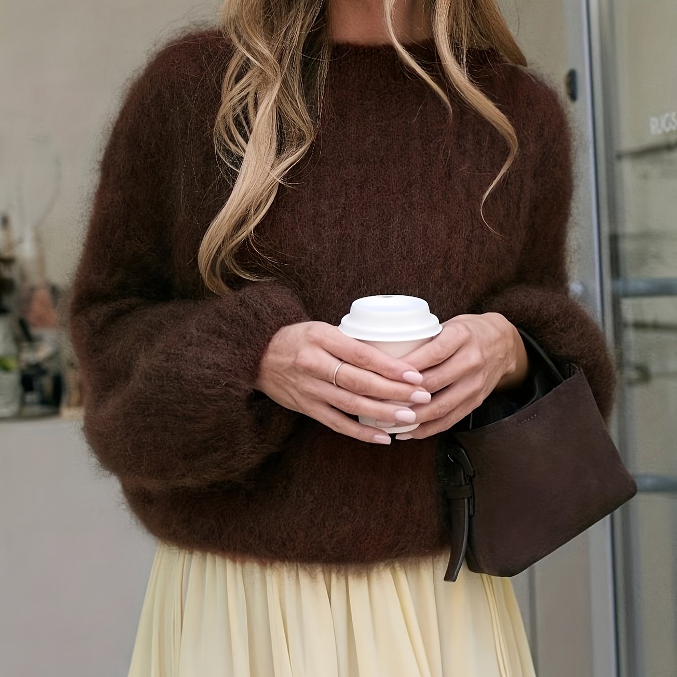 TEMU Autumn Winter Women's Merino Solid Sweater, Round Neck Lantern Sleeve Loose -friendly Women's Pullover