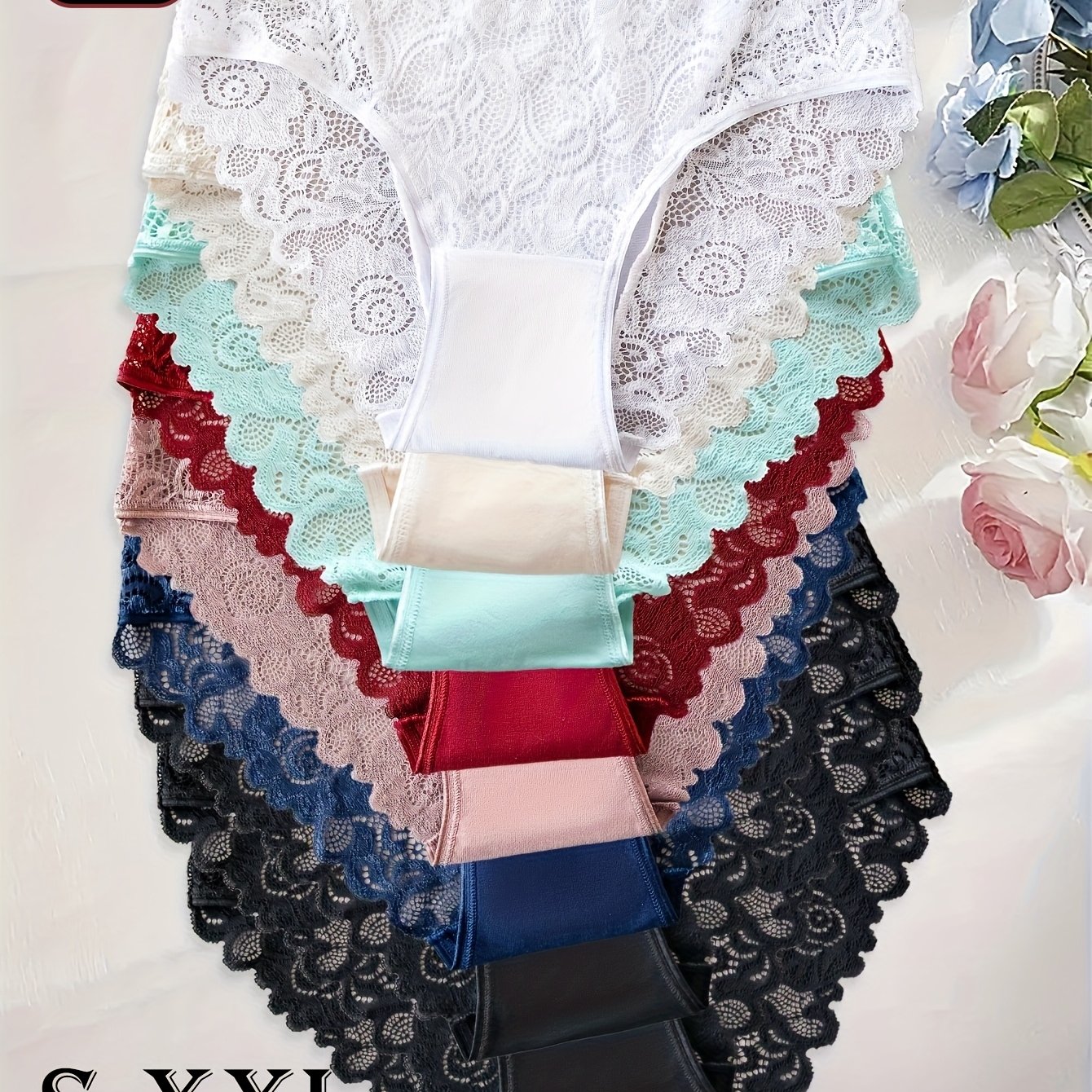 Image of 9pcs Women’s Panties – Lace Underwear, Floral & Solid Colors, Comfortable Casual Attire