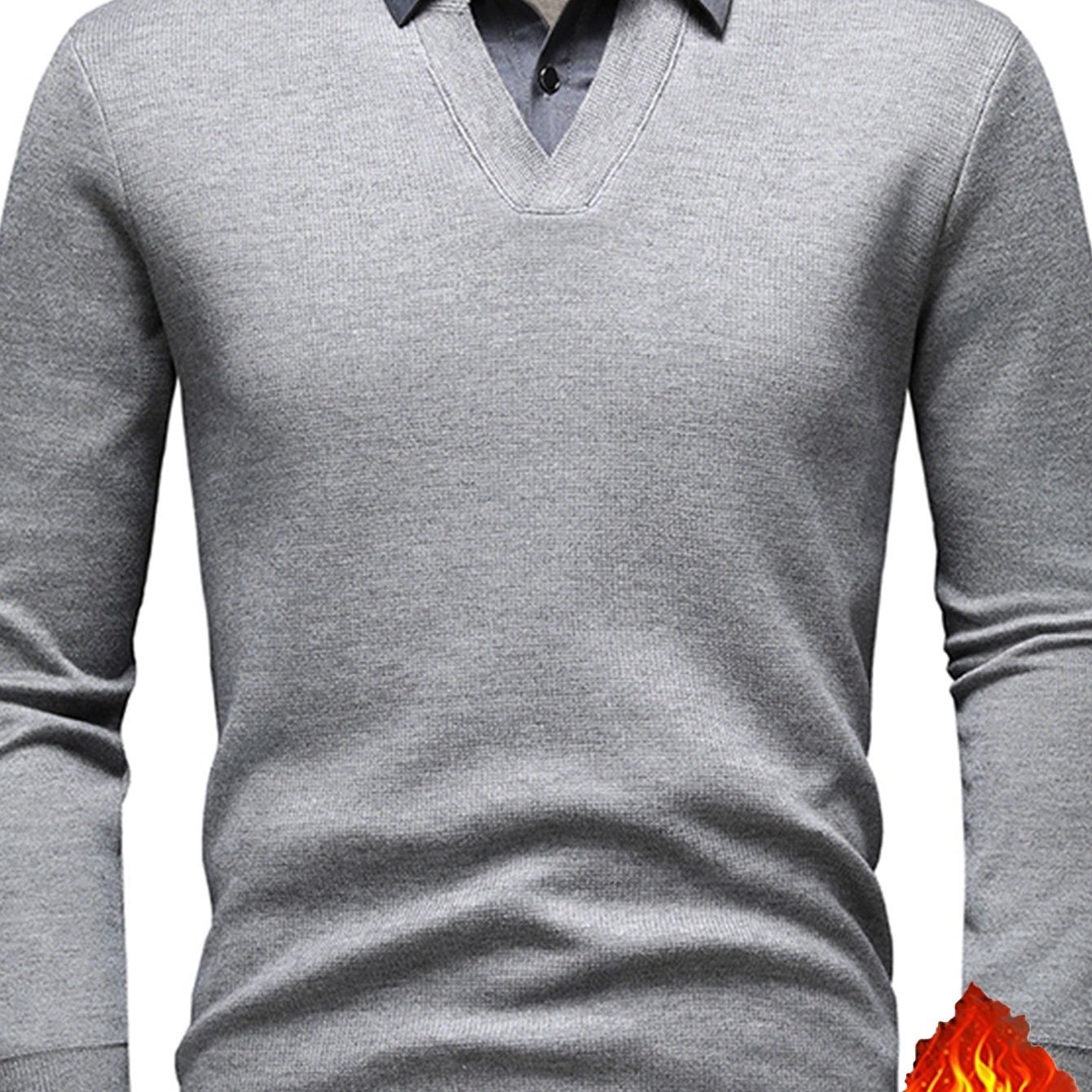 TEMU 2025 Winter Men's Knitted Pullover, Warm And Comfortable With -lined Thickened Fabric, 2-in-1 Look With Lapel Collar In A Simple Solid , Stylish