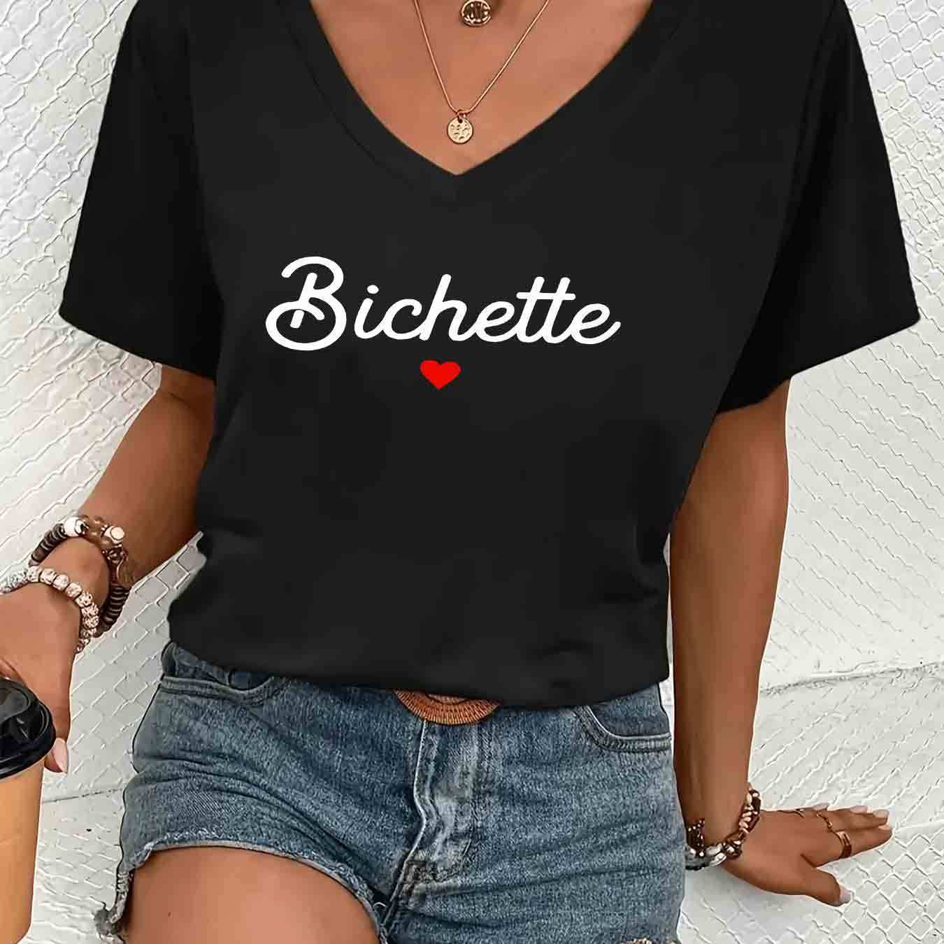 TEMU 1 T-shirt élégant à col en V et manches courtes pour femmes, fabriqué dans un tissu, avec un style décontracté adapté à toutes , et un imprimé