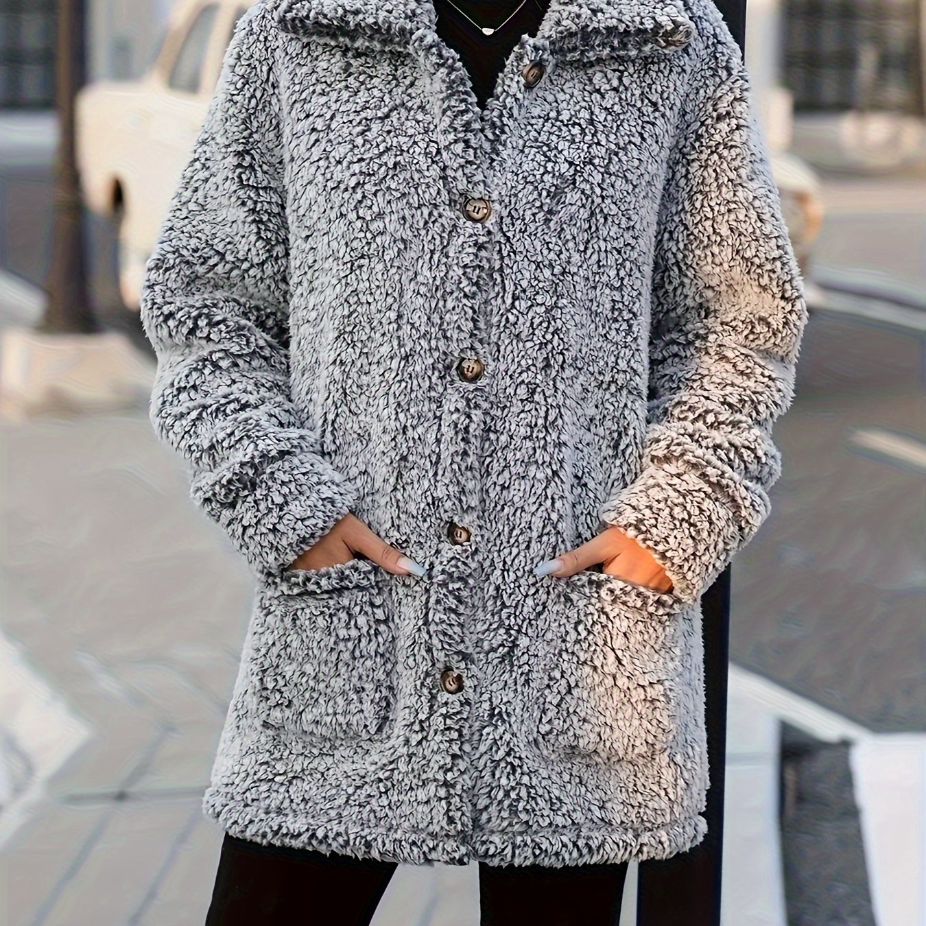 TEMU Autumn/winter New Women's Elegant Reversible Plush Lapel Button Pocket Outerwear