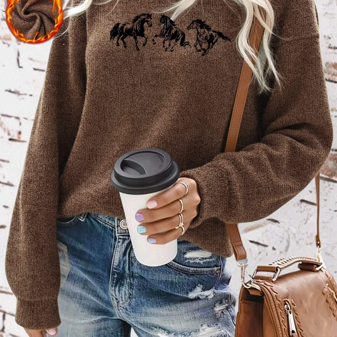 TEMU New Autumn/winter Women's Thickened Fabric Sweatshirt, Round Neck Loose Fit Pullover, Fashionable 3 Horses Print Long Sleeve Top, Versatile