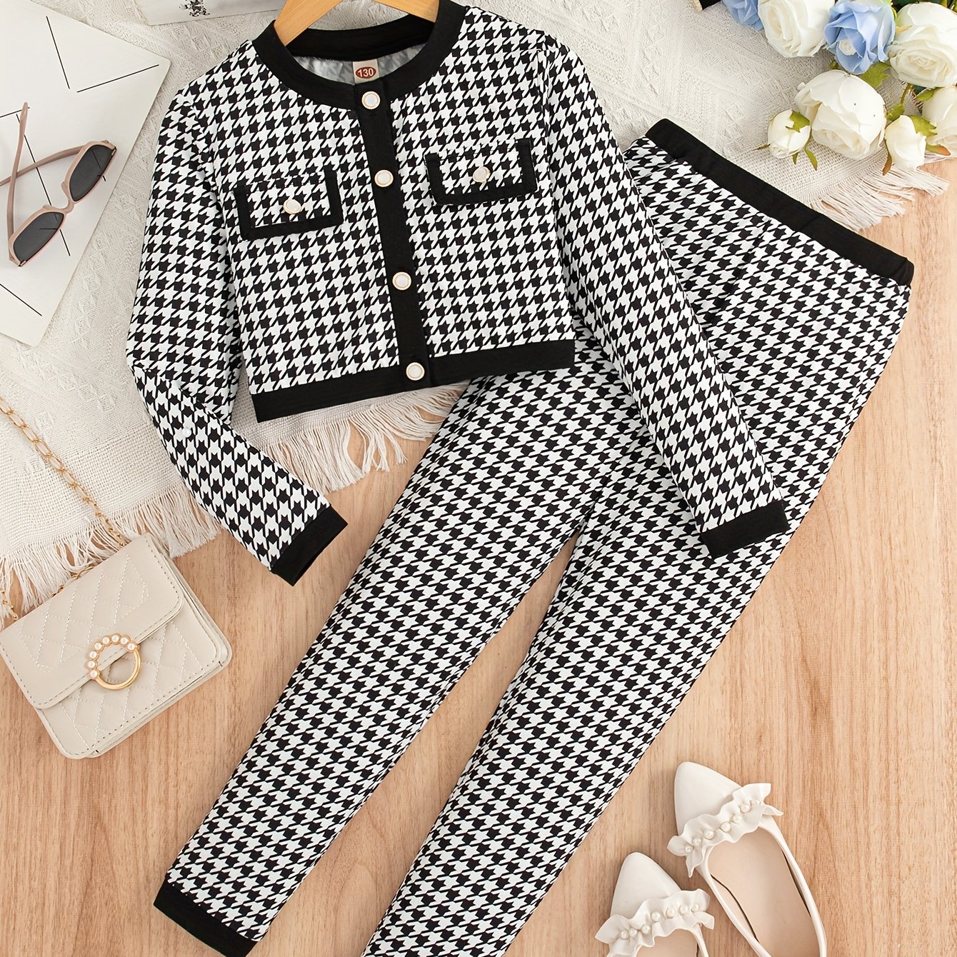 Girls' Casual Outing Print Pattern Single-row Button Long Sleeve Top And Long Pants 2pcs Set Girls' Long Pants Set Spring/autumn, For Outdoor