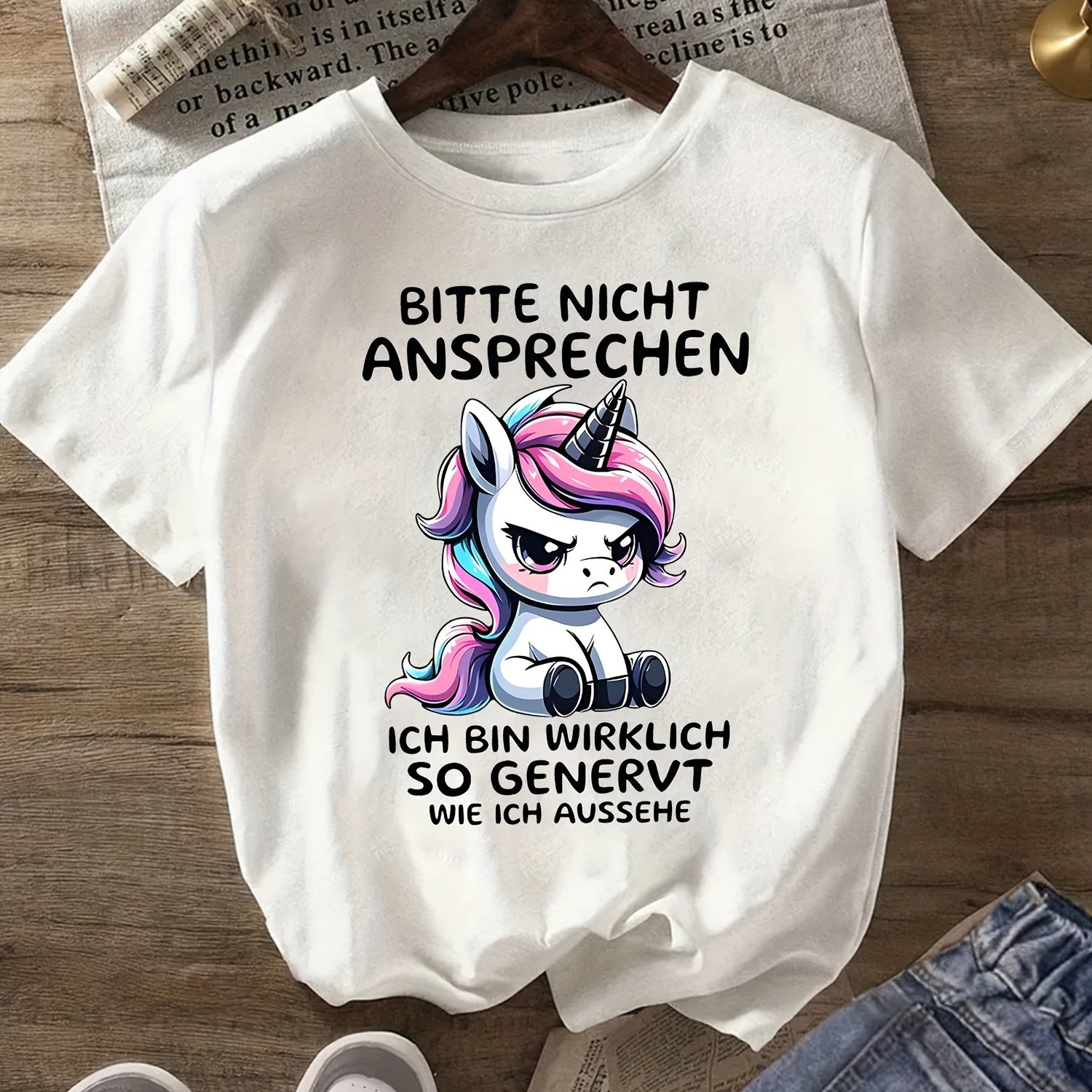 Image of "bitte Nicht Ansprechen" Cartoon Unicorn Graphic Print T-shirt, Short Sleeve Crew Neck Casual Top For Summer Women's Clothing