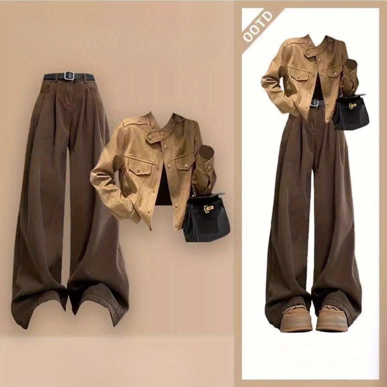 TEMU 【商品名】おしゃれでリフ感のあるレディースウェア。シックなショートジャケットとルーズなワイドレッグパンツのセットアップは、春に最適。トレンディなツーピースセットは、なスを演出します。
