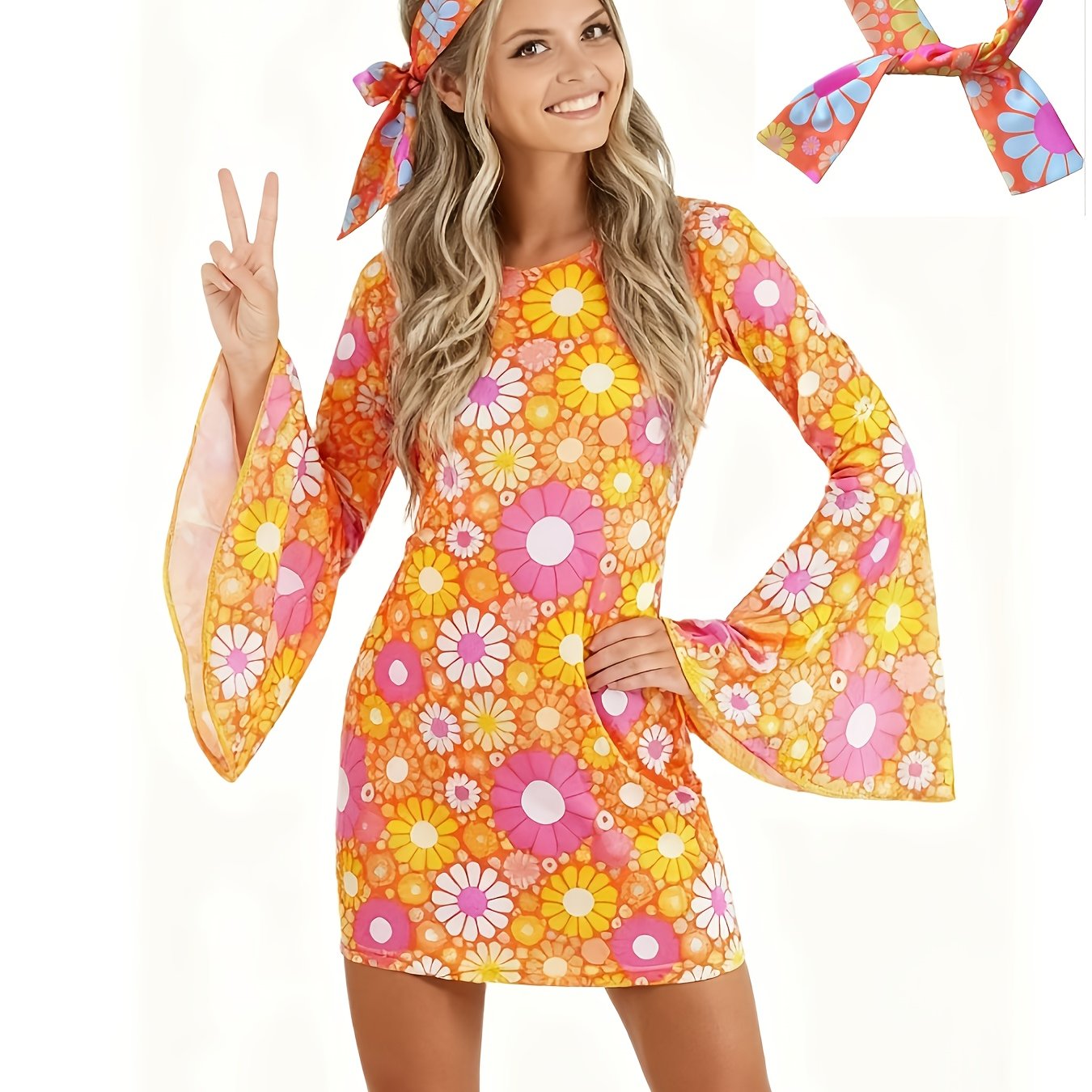 E-shop Zweiteiliges 70er Hippie Disco Retro Kleid mit tiefem Ausschnitt, lila Trompettenärmeln und Stirnband, bequemer Stoff, geeignet für Halloween,