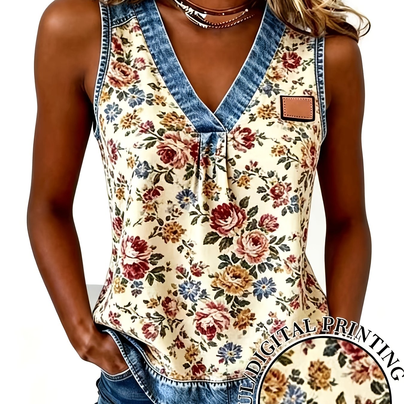 TEMU Jiawen Directed Development European And American Women's Clothing New Popular Flower Print Cross V-neck Vest
