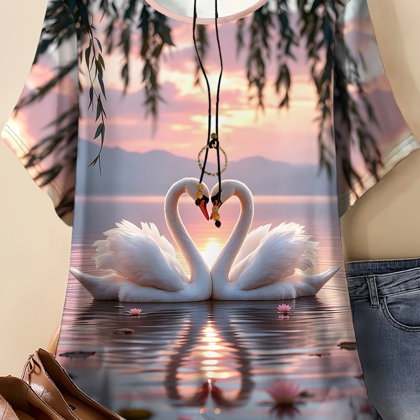 TEMU Women's Plus Size Round Neck Short Sleeve T-shirt With Lake Heart Swan Print, Breathable And Comfortable For Daily Commuting And