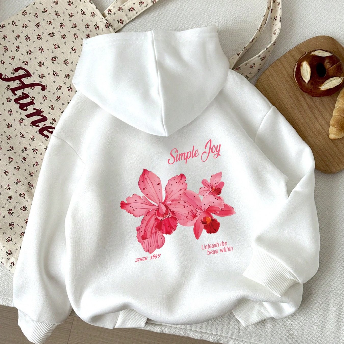 TEMU Women's Pink Floral & "simple Joy" Text Hooded Sweatshirt - 100% Polyester Machine-washable Sweater, Cozy Fall/winter Casual Sweating Top With