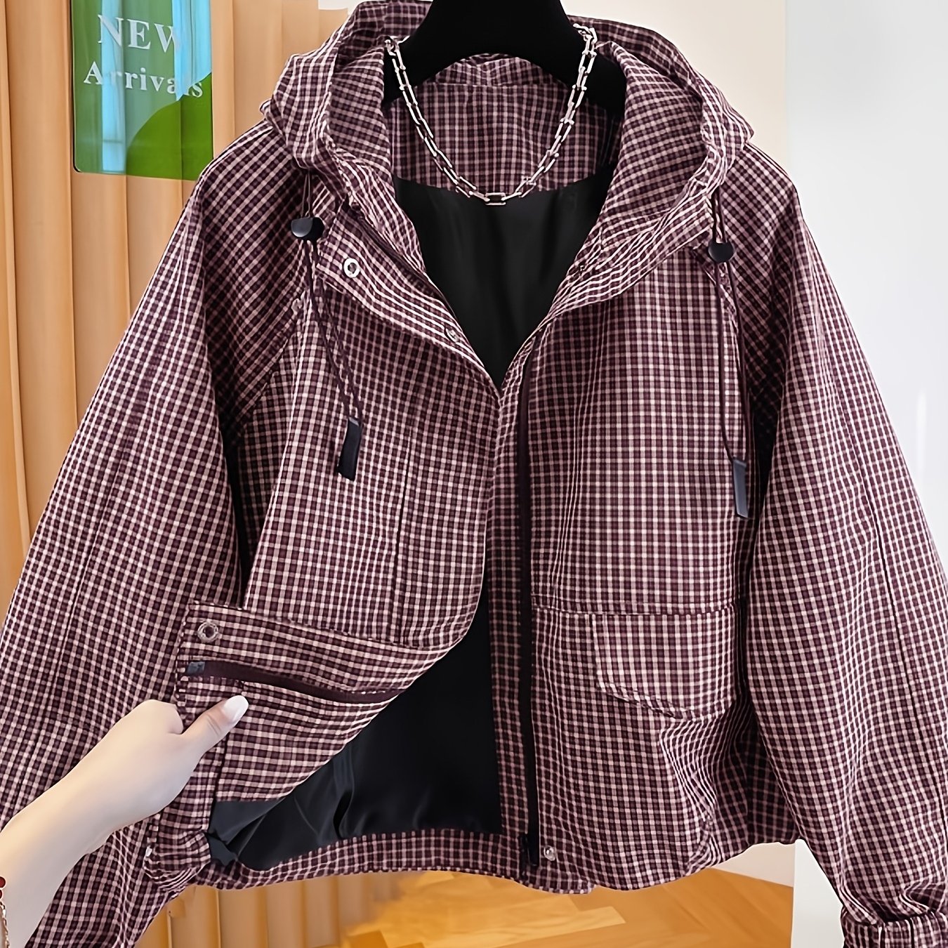 TEMU Niannian Women's Fashionable Simple Casual Versatile Commuter Black And White Small Check Hooded Cropped Jacket