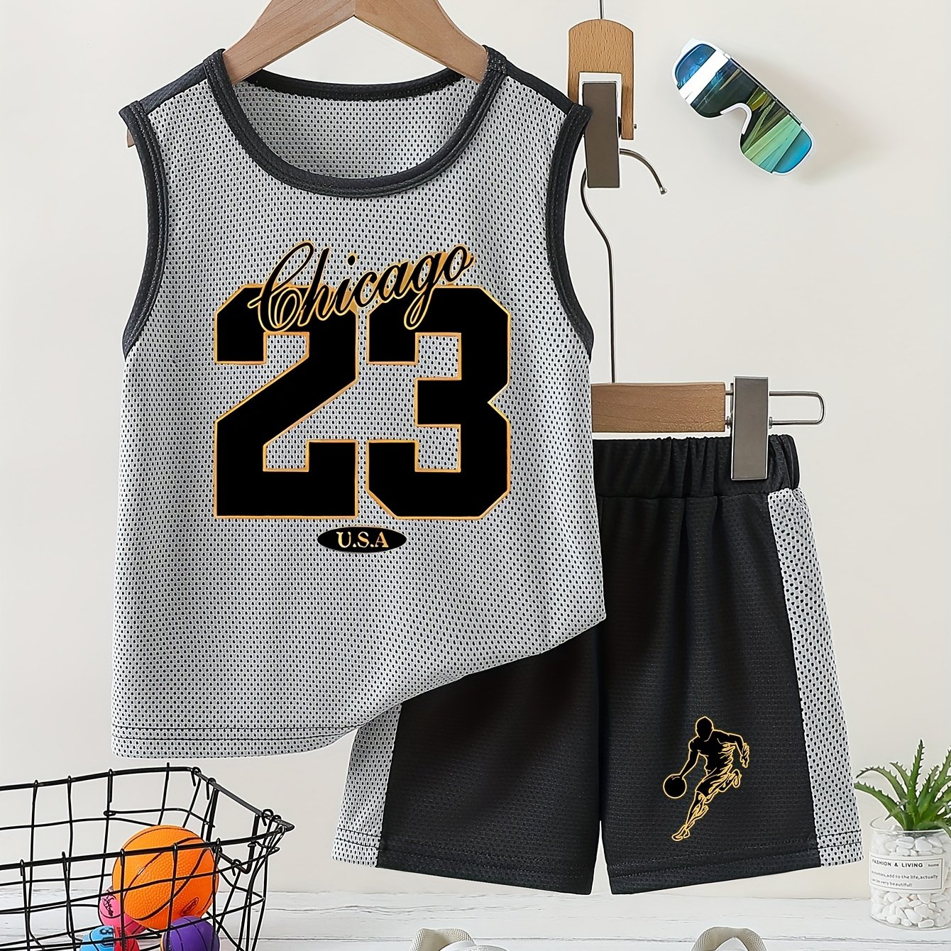 Image of 2025 New Boys' No. 23 Printed Trendy Casual Comfortable Fashion Sports Jersey Vest And Shorts 2pcs Set, Perfect For Outdoor