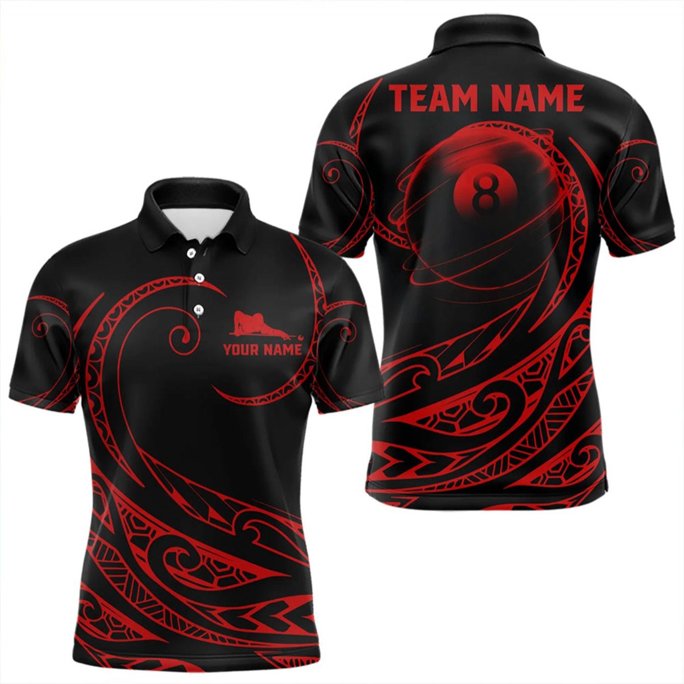 TEMU Men's Customizable Pool Suit - Personalized Name/team Logo - Black -ball Design - Breathable Jumpsuit, Ideal For Billiards Players - Casual