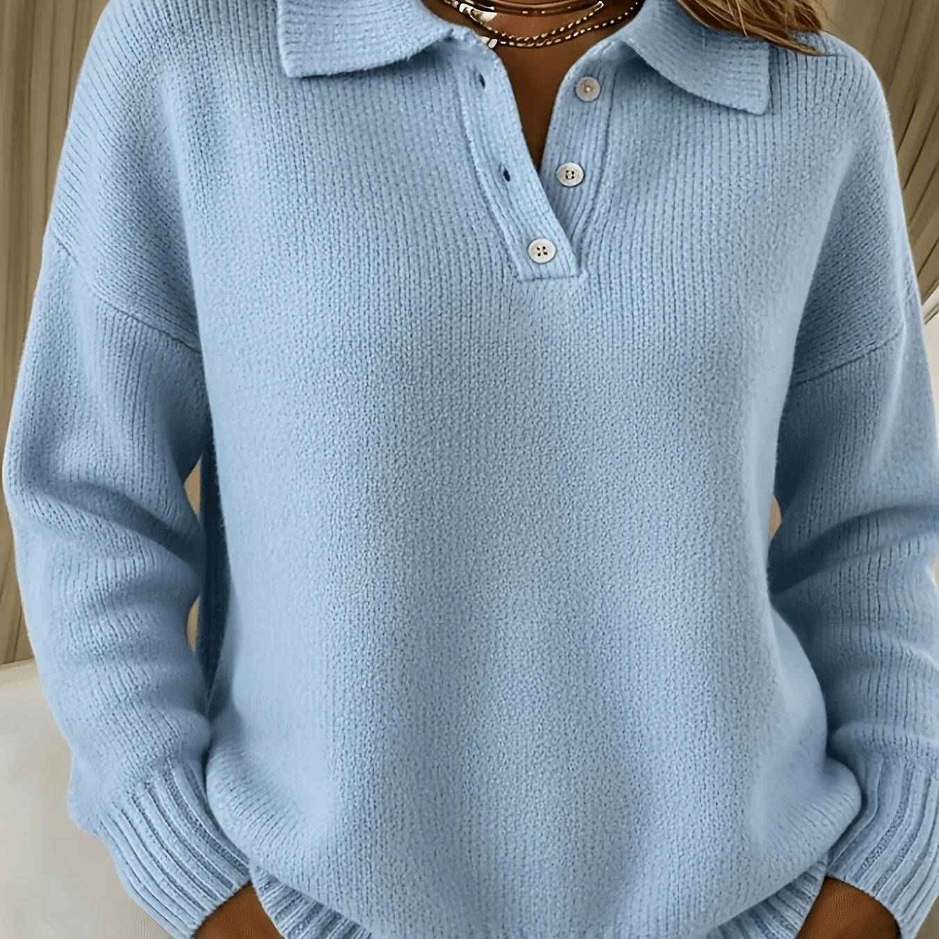 TEMU Women's Elegant Collar Sweater - Soft Half-button Pullover With Drop Shoulder, Button-front Neckline & Medium Stretch Suitable For Fall/winter,