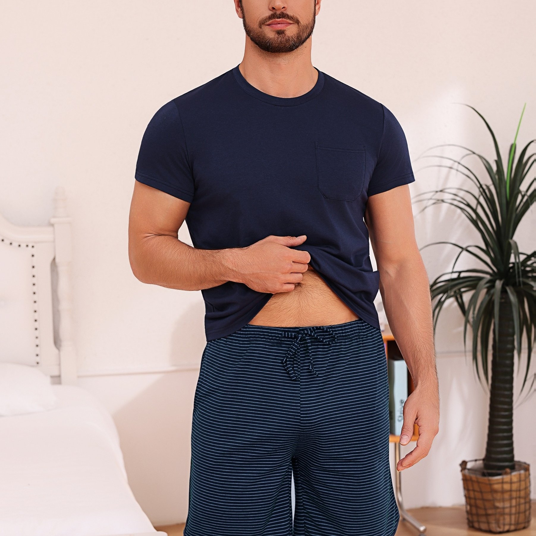 Men's Short Sleeve Pajama Set, Crew Neck Chest Pocket Solid Tee & Striped Drawstring Shorts, Soft Breathable Casual Summer Loungewear 2pcs Sleepwear