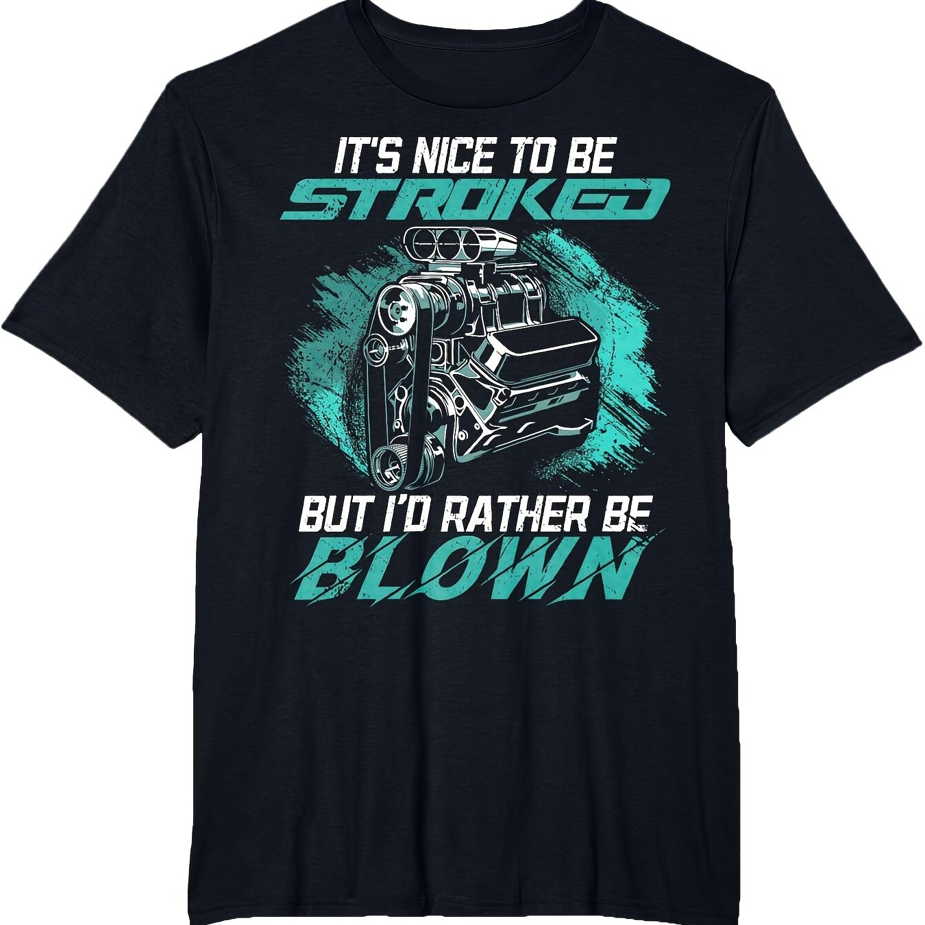 TEMU Men's Heavyweight Car Racing T-shirt With Teal Engine Graphic & Is Wonderful Slogan, Breathable Short Sleeve Casual Sports Tee For Automotive