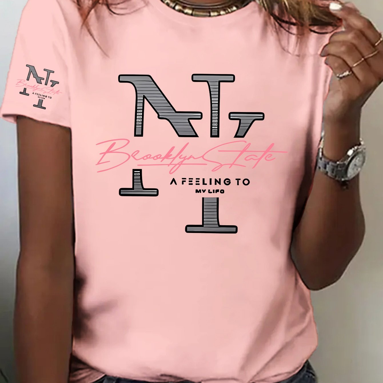 TEMU Dames T-shirt met Brooklyn NYC-print - Y2K retro top met ronde hals en korte mouwen met Brooklyn New-letters, casual Y-shirt geschikt om te ,