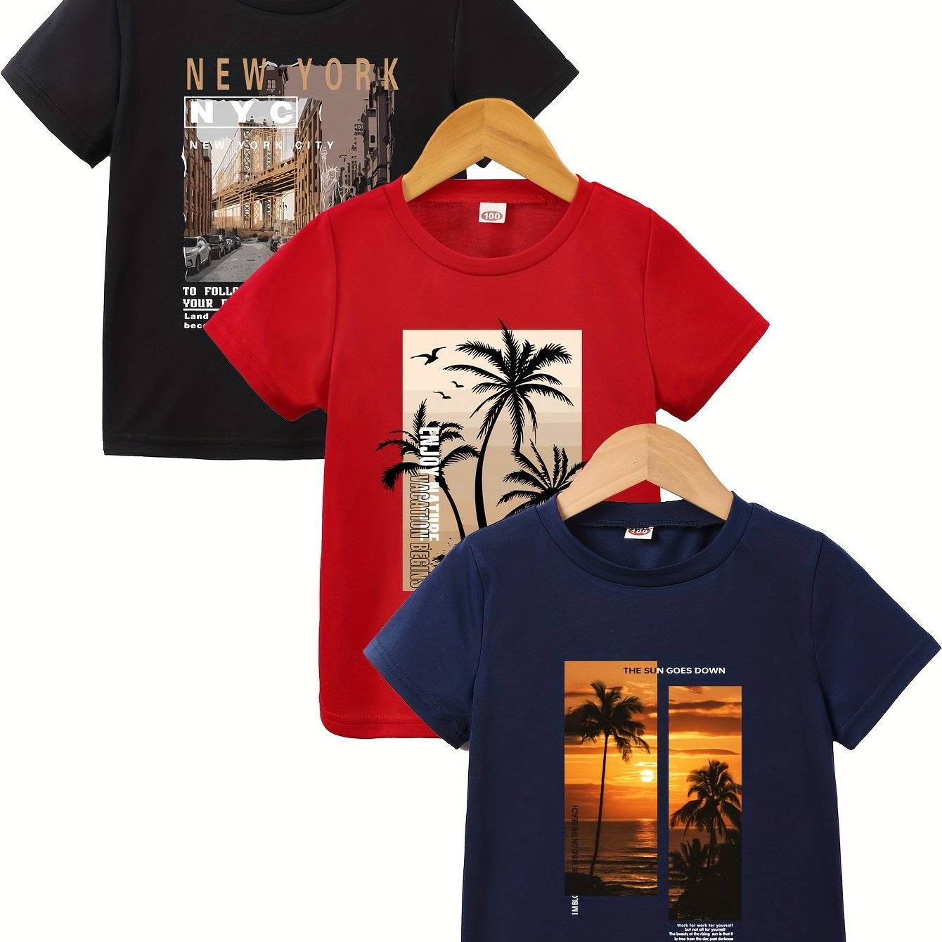 3pcs Vacation Palm Tree Pattern Boys' Toddler T-shirt Tops