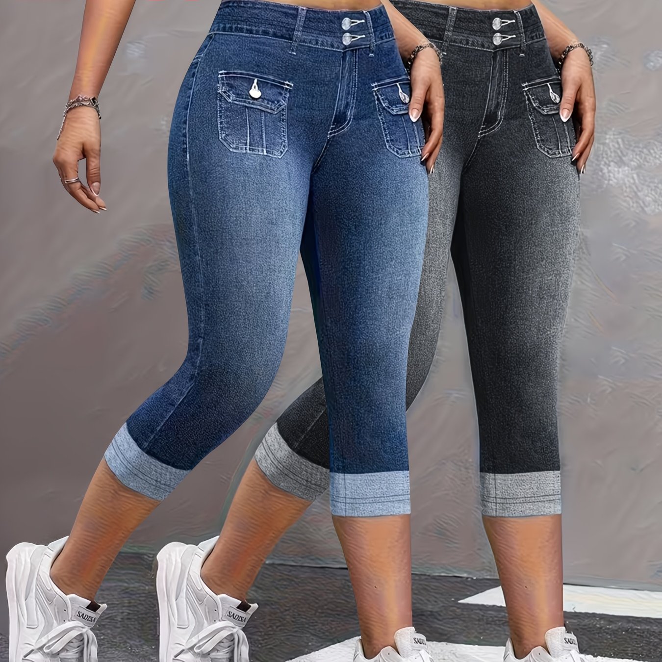 TEMU [printed Leggings - Not Denim Fabric][2-pack] Printed Legging - Not Denim Fabric, Printed Leggings, Button Print Cropped Pants, New Summer
