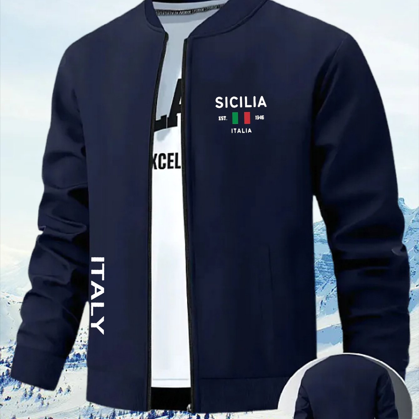 TEMU Men's Stylish Black Pilot Jacket With Print Lettering - Casual Collar, Zipper, Long-sleeve Autumn And Winter Coat, Fall Jacket | Collar Style |