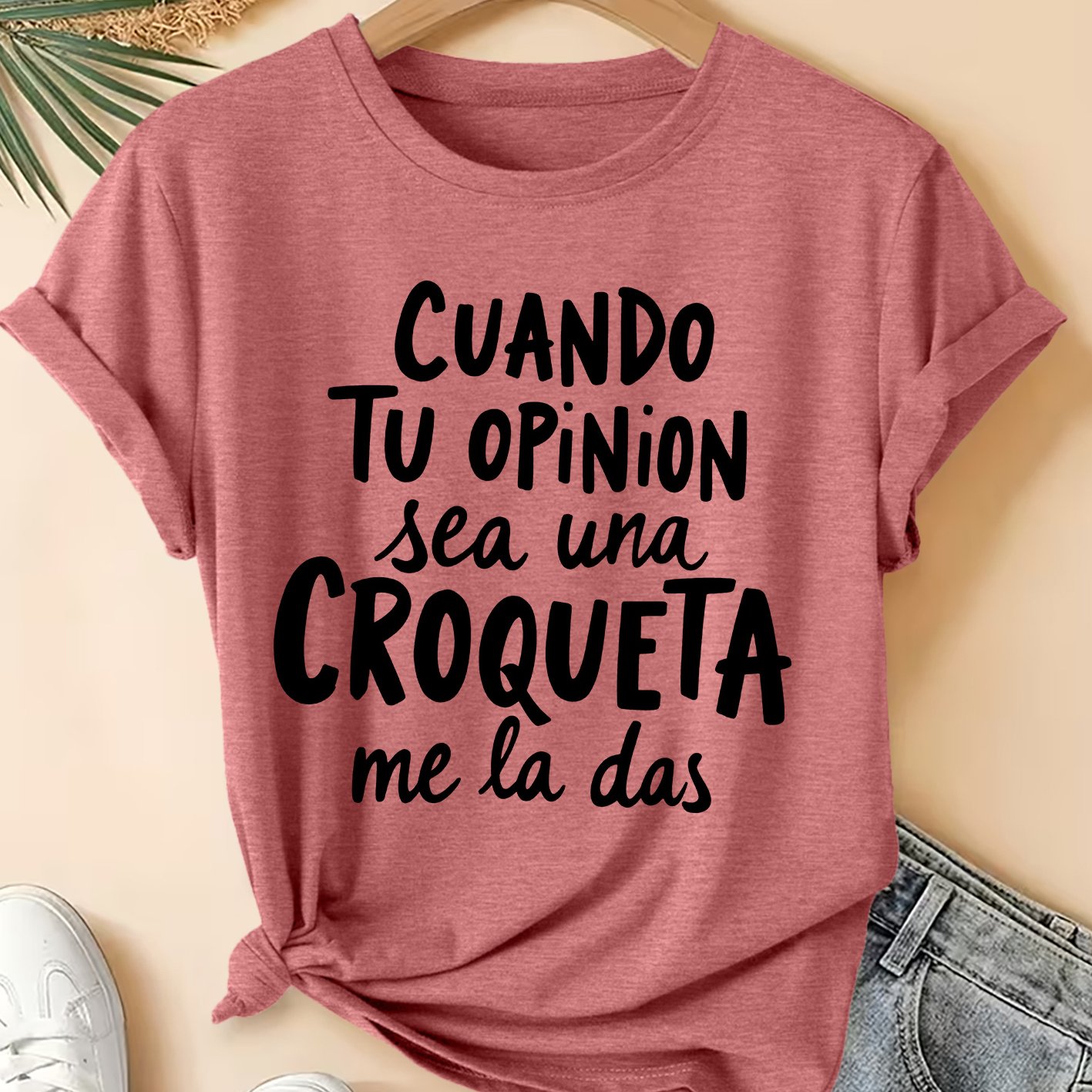 TEMU Slogan divertido en español Estampado Camiseta de manga corta Estilo vintage desgastado Cuello Estilo Top holgado Verano 2026 elegante Moda