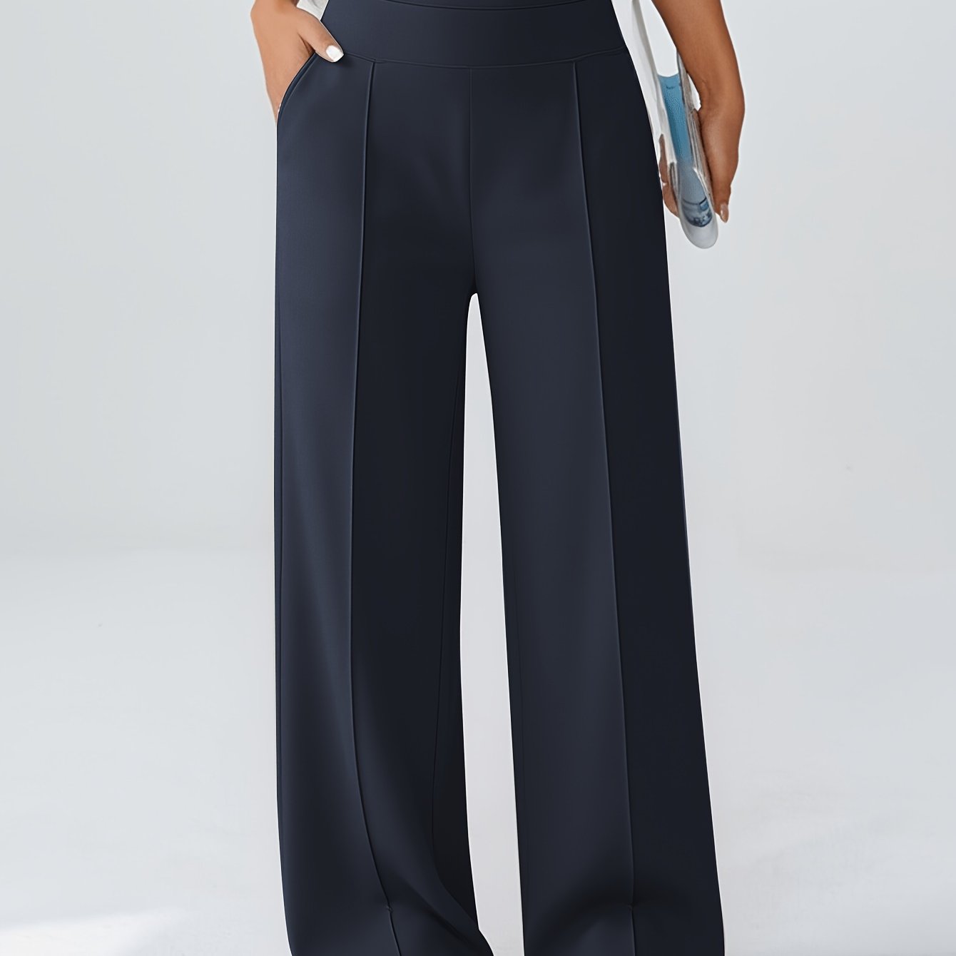 TEMU Spring And Autumn Women's Casual Versatile Wide-leg Pants (2 Pockets) High-waisted Elastic Waist Design Straight-leg Long Pants Breathable Loose