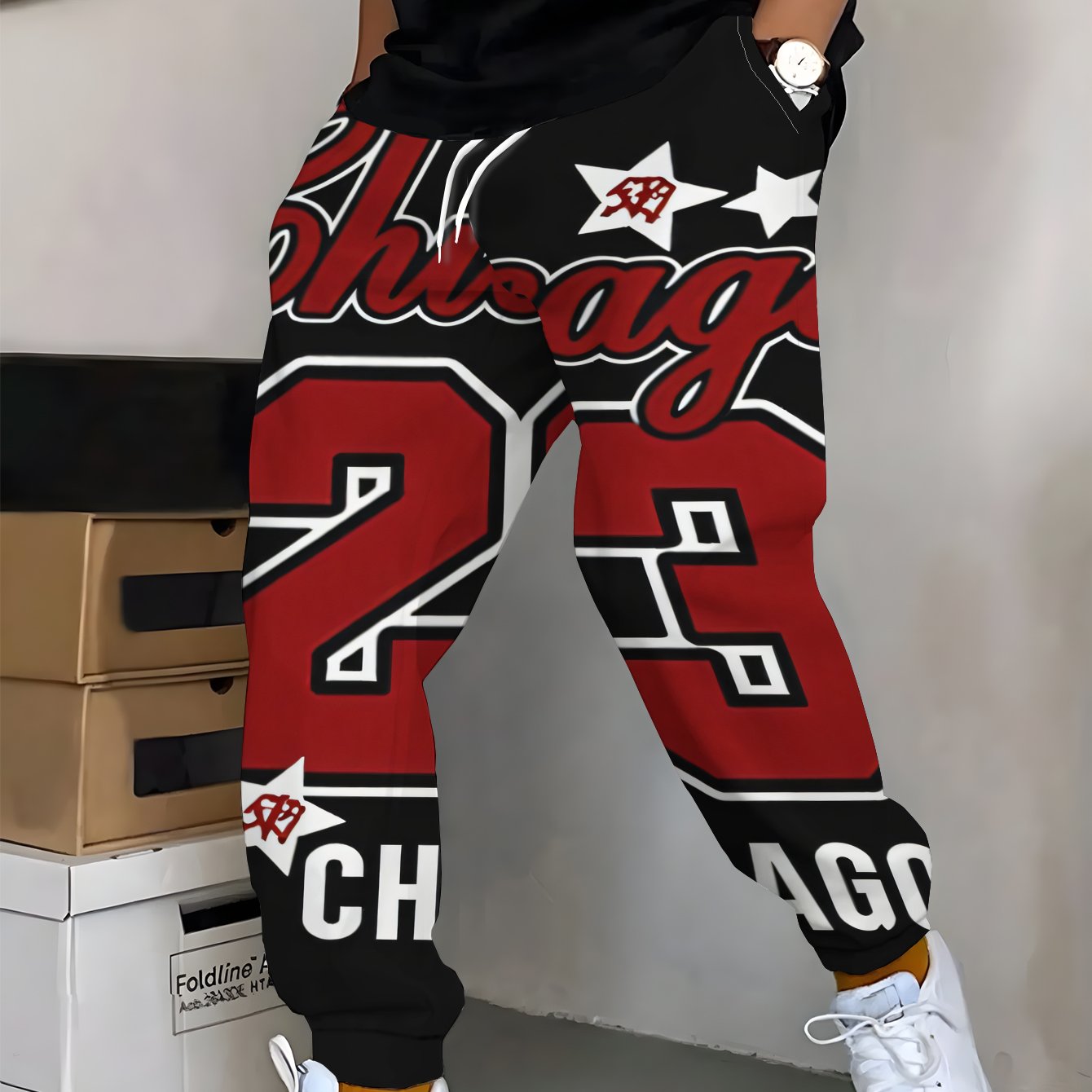 TEMU Men's Long Pants Sweatpants - Flat Pattern - Textureless - Chicago Number 23 Basketball Jersey Style, Casual Athletic Trousers, Fashionable And