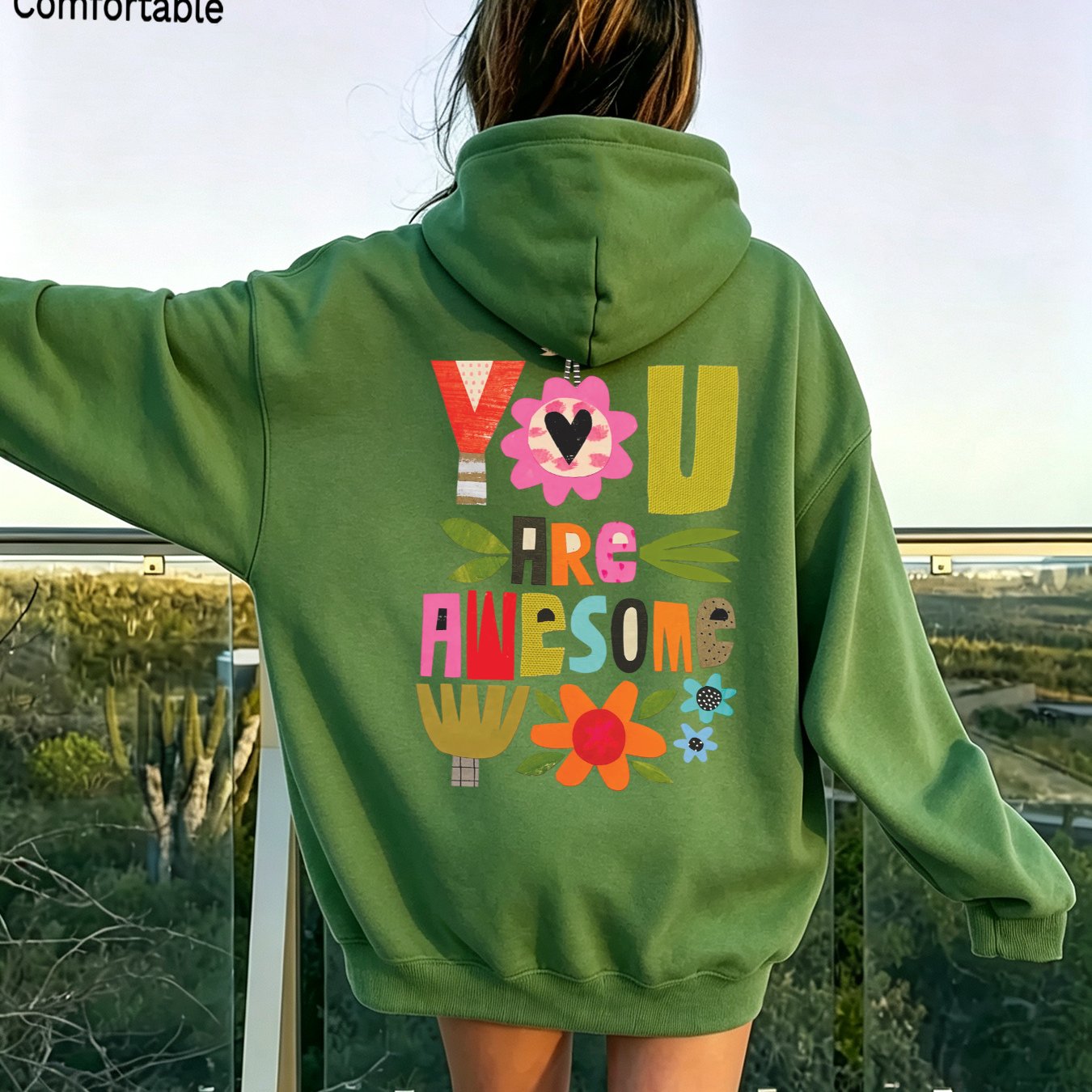 Image of Autumn Women's Fashionable Loose Drop-shoulder Hoodie With Back Colorful Letter & Floral Print, Style For Ladies, Spring Autumn Daily Wear, Casual Pocket Drawstring Pullover Jacket