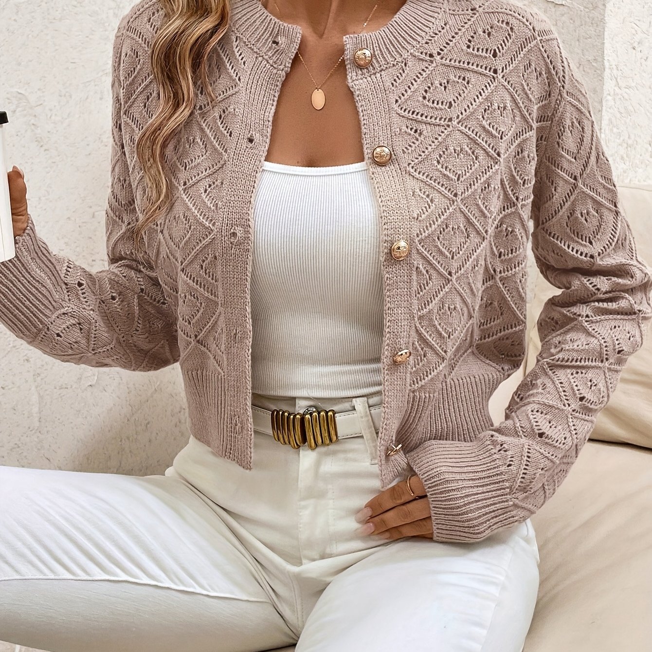 Elegant Special Diamond Check Hollow-out Long Sleeve Women's Cardigan