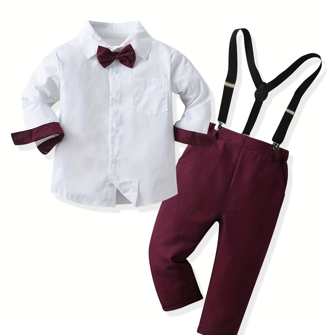 Boys' Spring Autumn Solid Color Long Sleeve Dress Suit, Gentleman Trousers Set, Kids Shirt Dress 4pcs Outfit, Boys' Spring Festival Gentleman Party Dress, Long Sleeve Suit