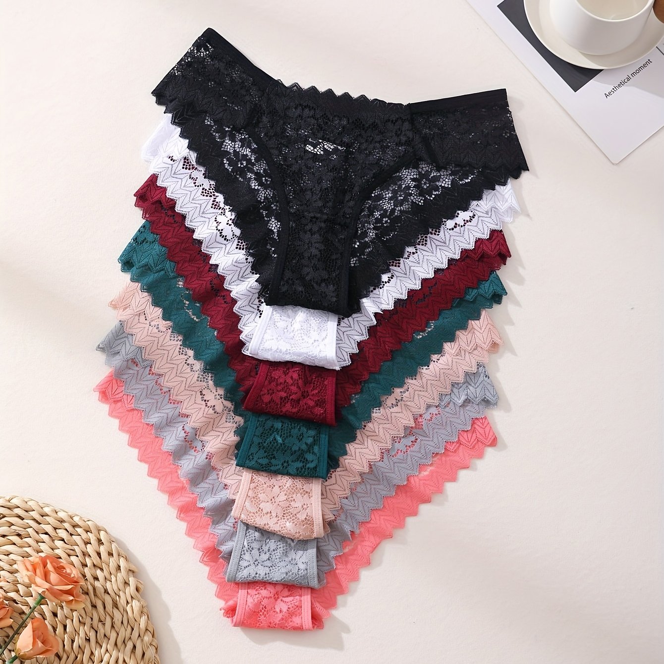 TEMU 7pcs Women's Plus Size Sexy Sheer Transparent Low-rise Hollow-out Lace Hipster Briefs - Seamless Semi-sheer Hollow Panties Suitable For Lingerie