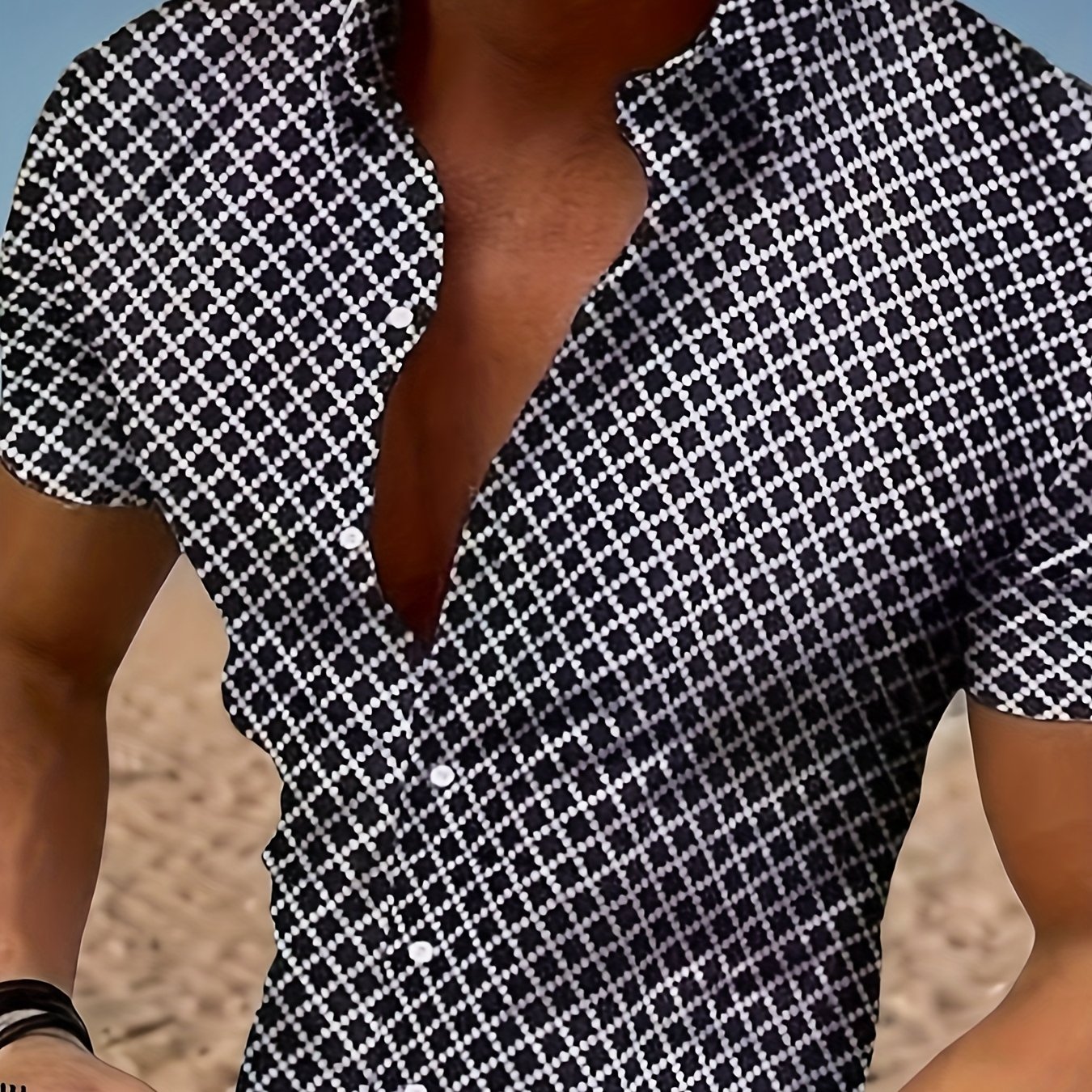 Men' Geometric Print Short-sleeve Shirt - 100% Polyester, Lightweight & Breathable Summer Casual Wear With Classic Collar Design