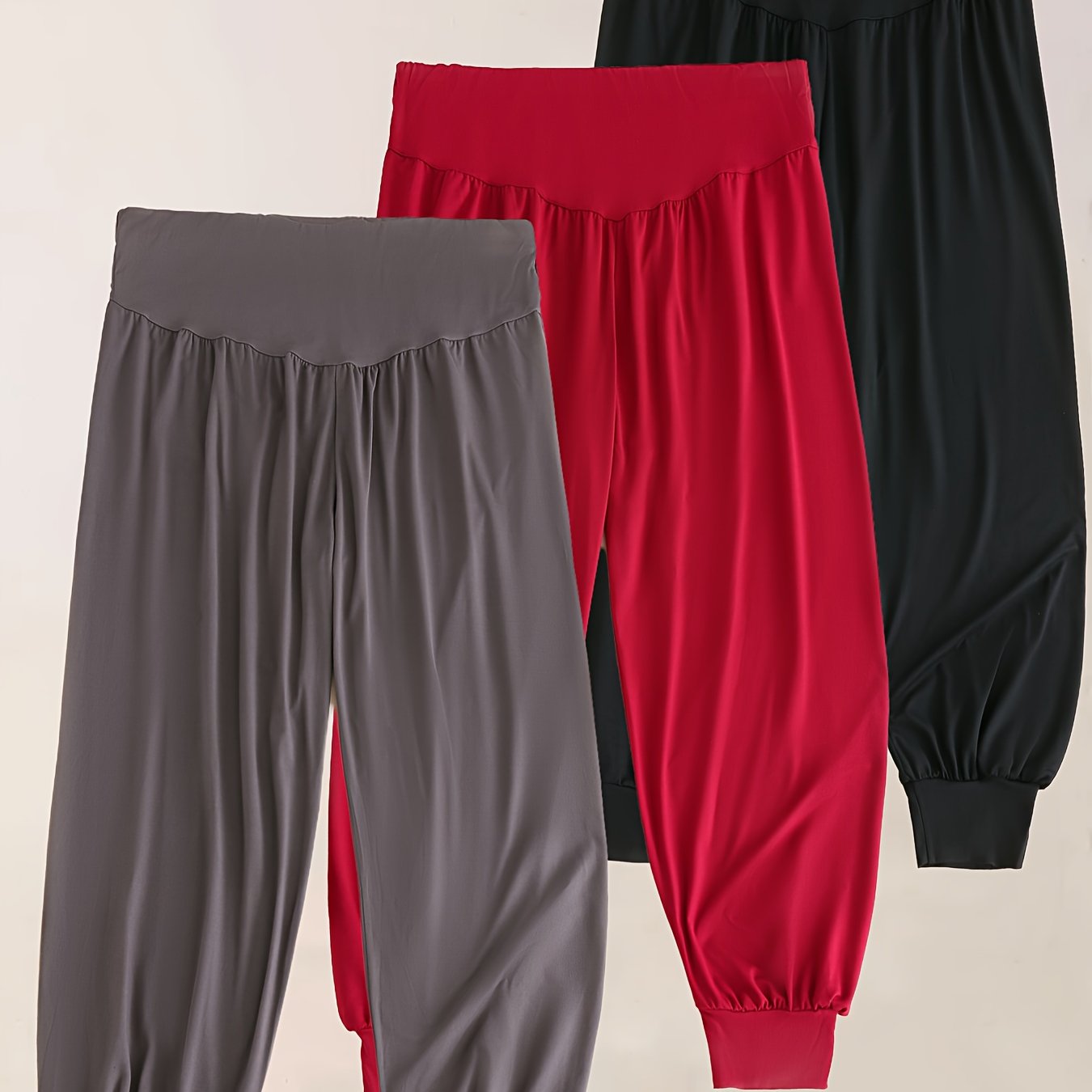 TEMU 3pcs Set Women's Harem Pants - Casual Stretch, Ruched Waist, , Suitable For Casual Wear, Trousers | Flowy Fashion Pants | Shiny Fabric Trousers