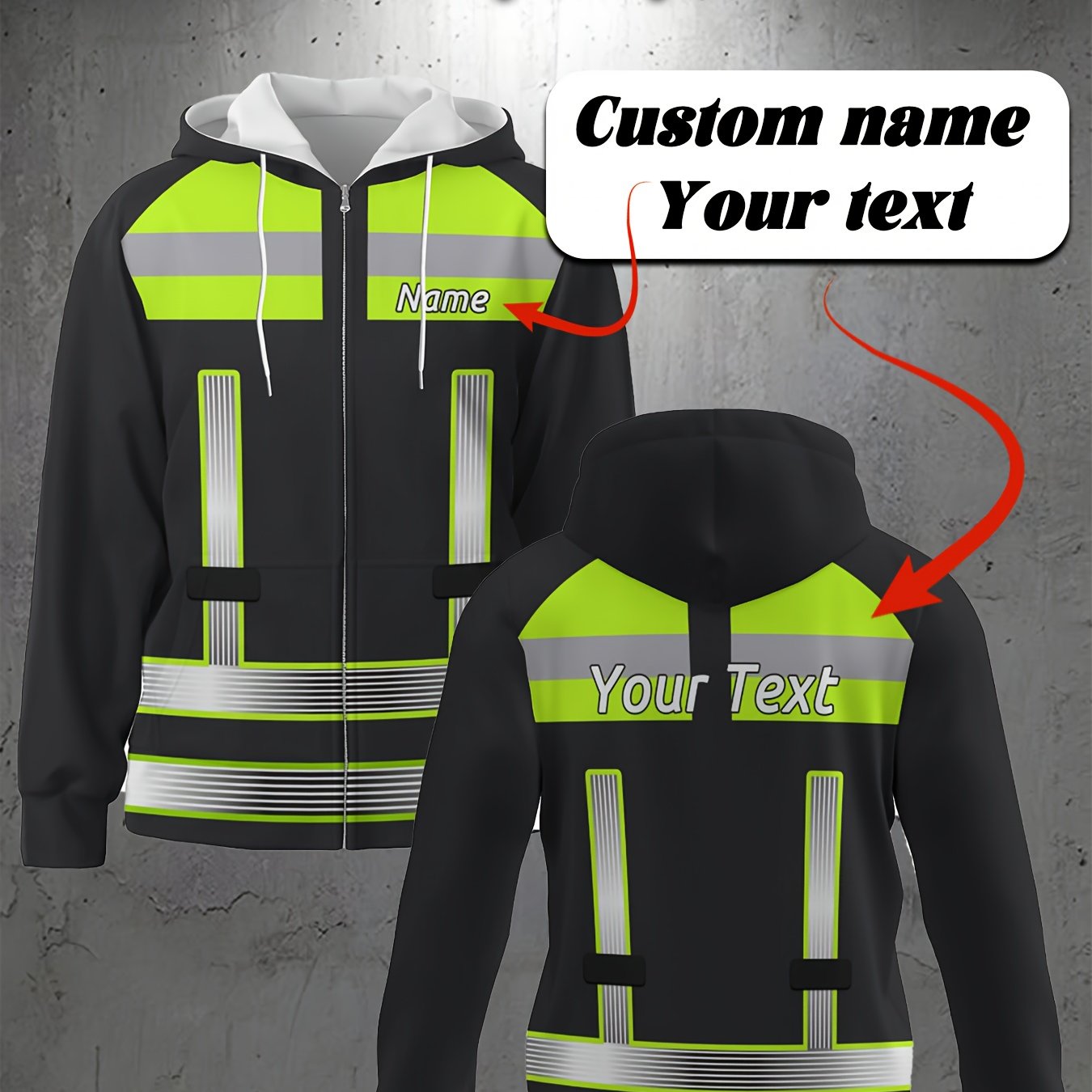 TEMU Custom Men's Large Size Casual Zip-up Hoodie, Personalized Name And Text Support, Contrast Color For , Regular Fit, Full Print Design For Spring
