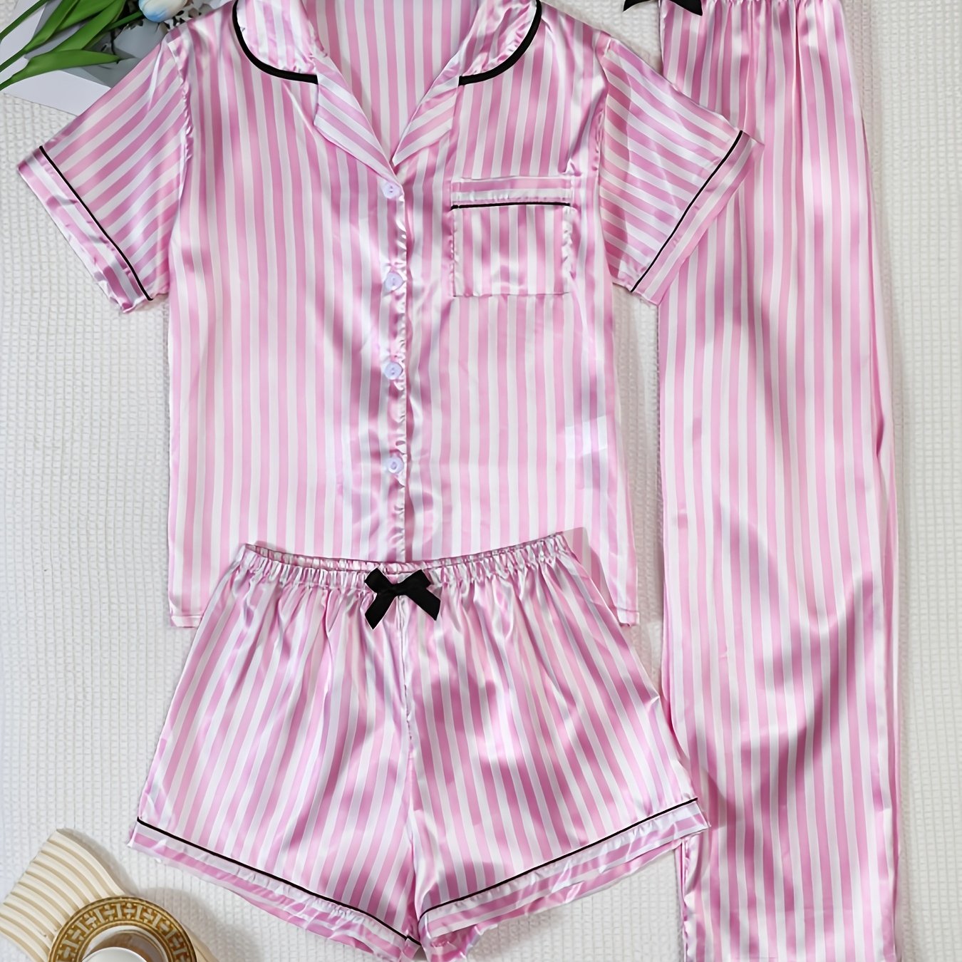 TEMU Elegant Women's Short Sleeve Shorts Long Pants Lapel Striped Printed Bow Tie Style Pajamas 3pcs Set Sleepwear Set Loungewear Set