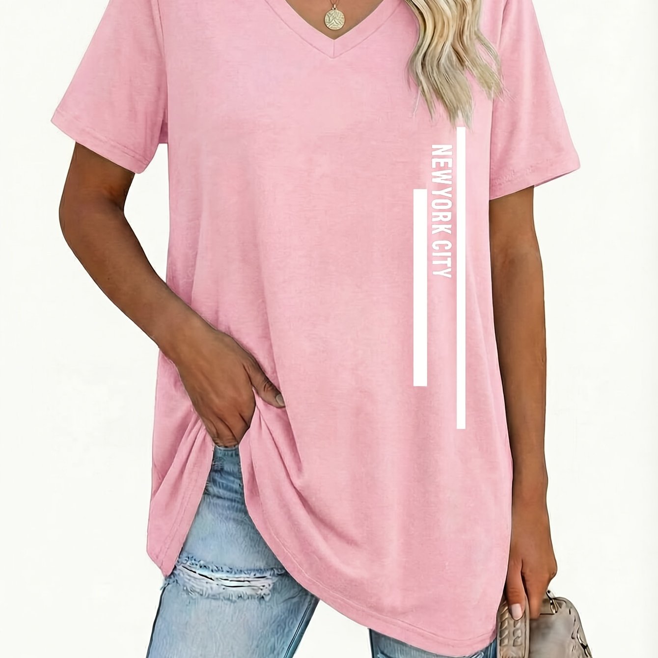 TEMU Plus Size Women's V-neck Geometric Pattern T-shirt