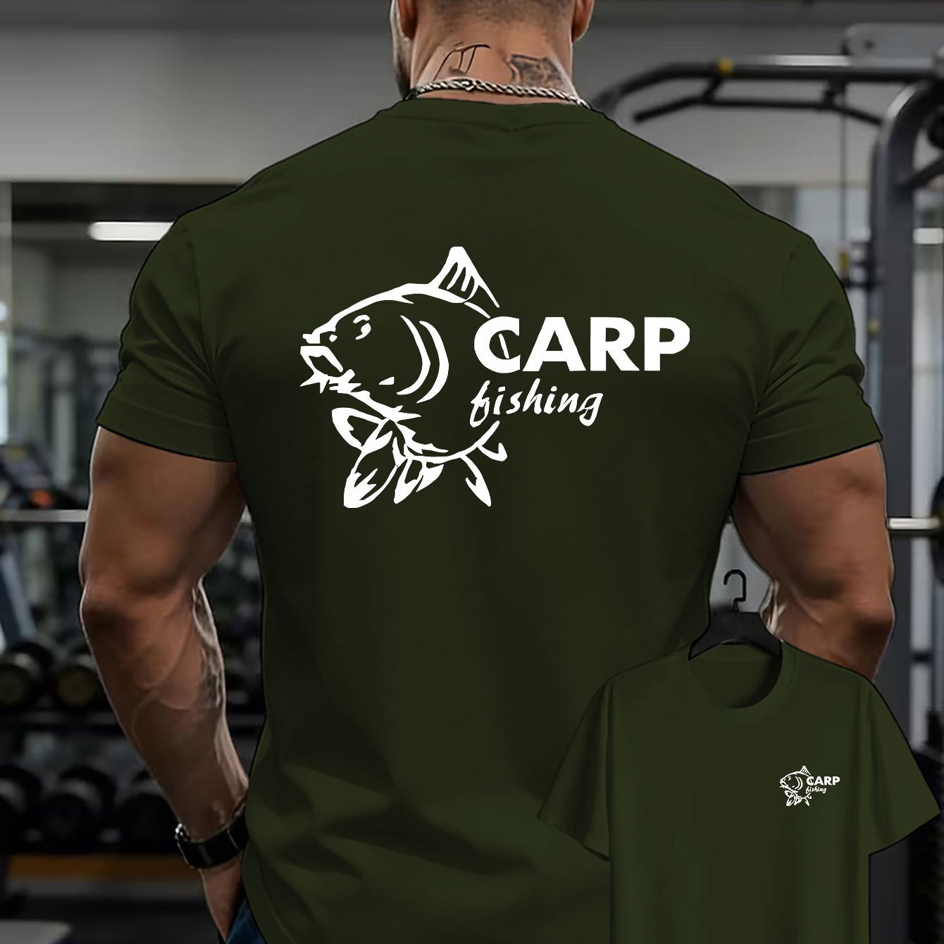 TEMU Men's Carp Fishing T-shirt - Double-sided Print With Minimalist Art, Breathable Short Sleeve Round Neck Casual Top Suitable For Fishing