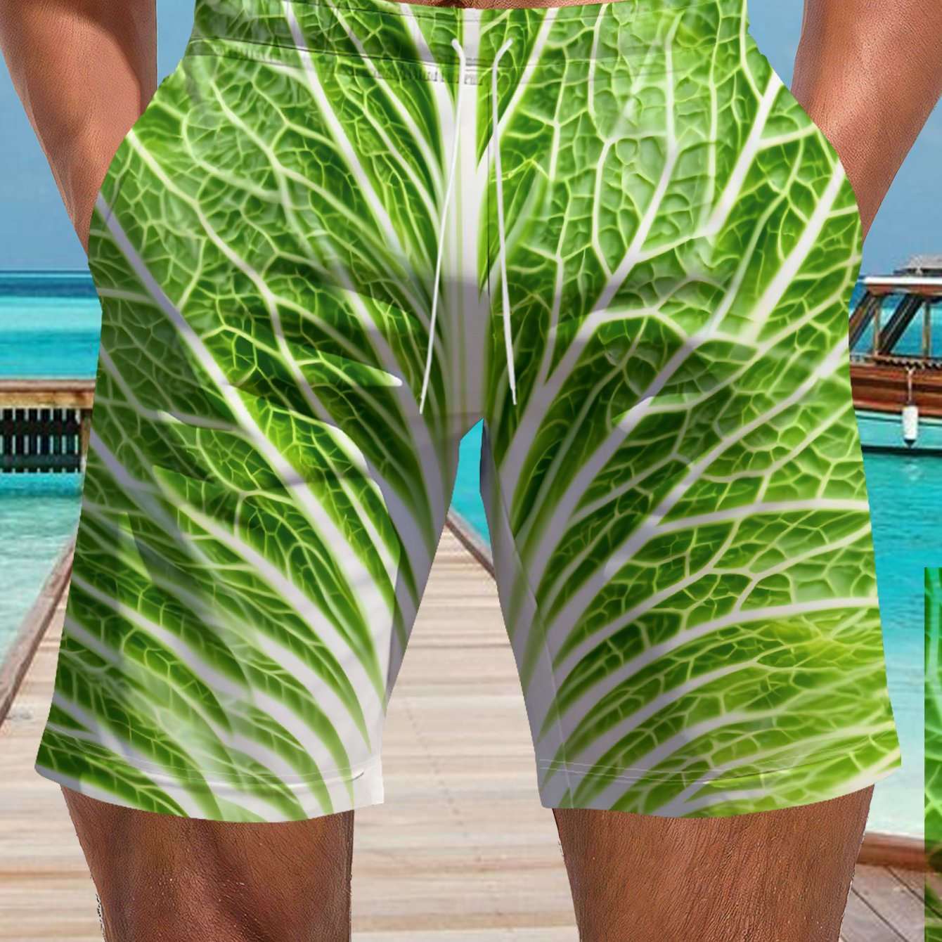 TEMU Men's Individual Trendy Brand Casual Shorts, 1pc Green Lettuce, Clear Texture And Distinct Veins, Showcasing Vitality And - Street Style Full,