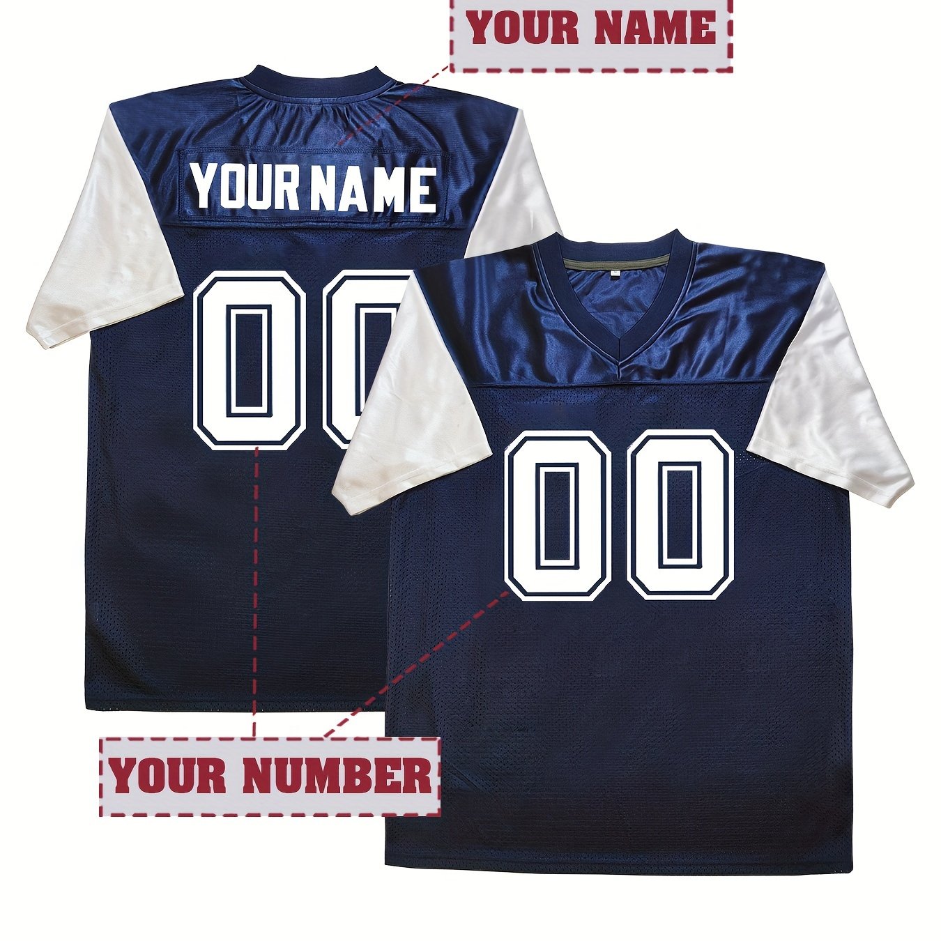 TEMU Customized Name And , Men's Football Jersey Short Sleeve Loose Breathable V-neck Embroidery Jersey, Sports Shirt For Teamtraining