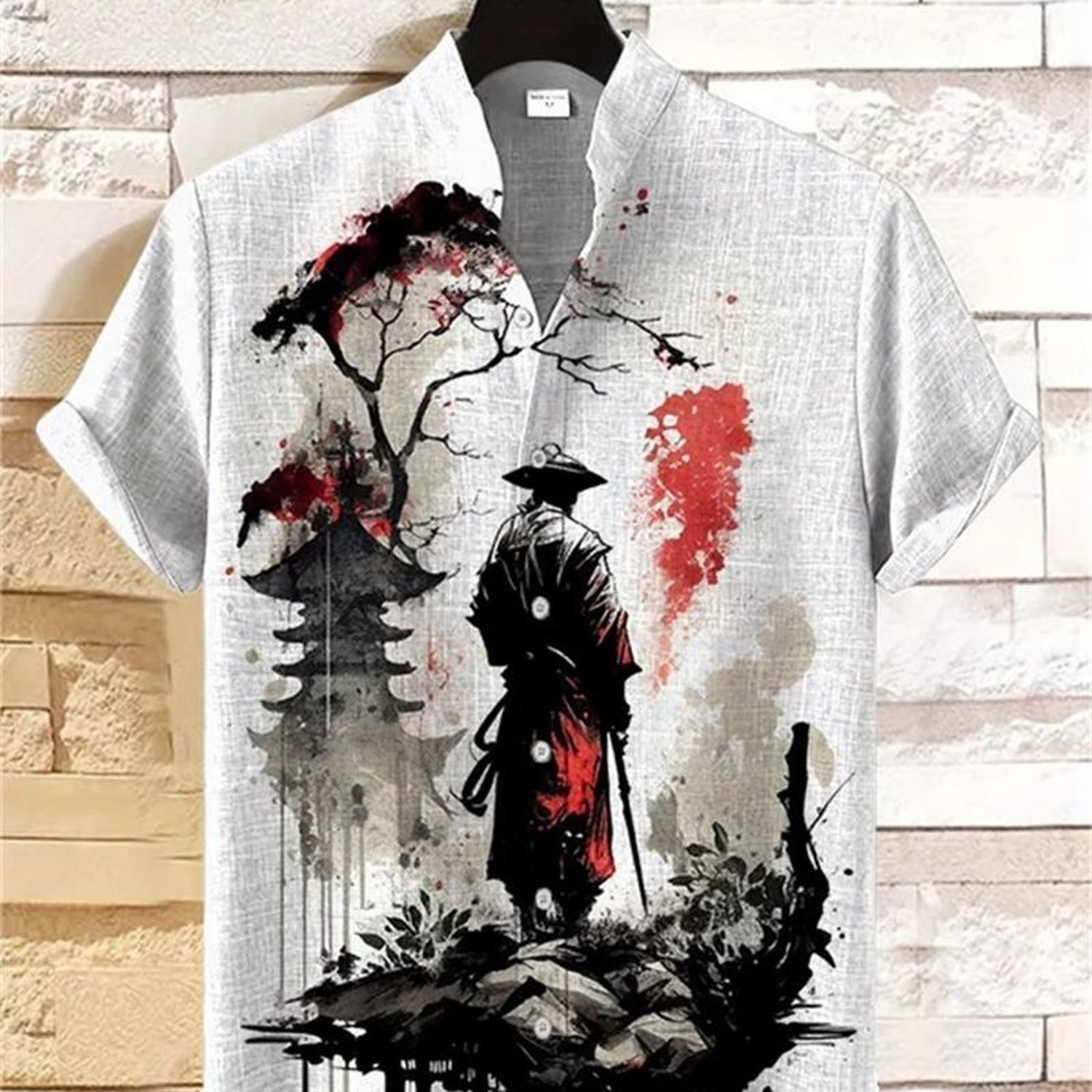 TEMU Men's Japanese Printed Dress Shirt, Collar, Mixed Color, Multiple Specifications , Polyester Fabric, Casual Daily Wear, Artistic Ink-wash Style,