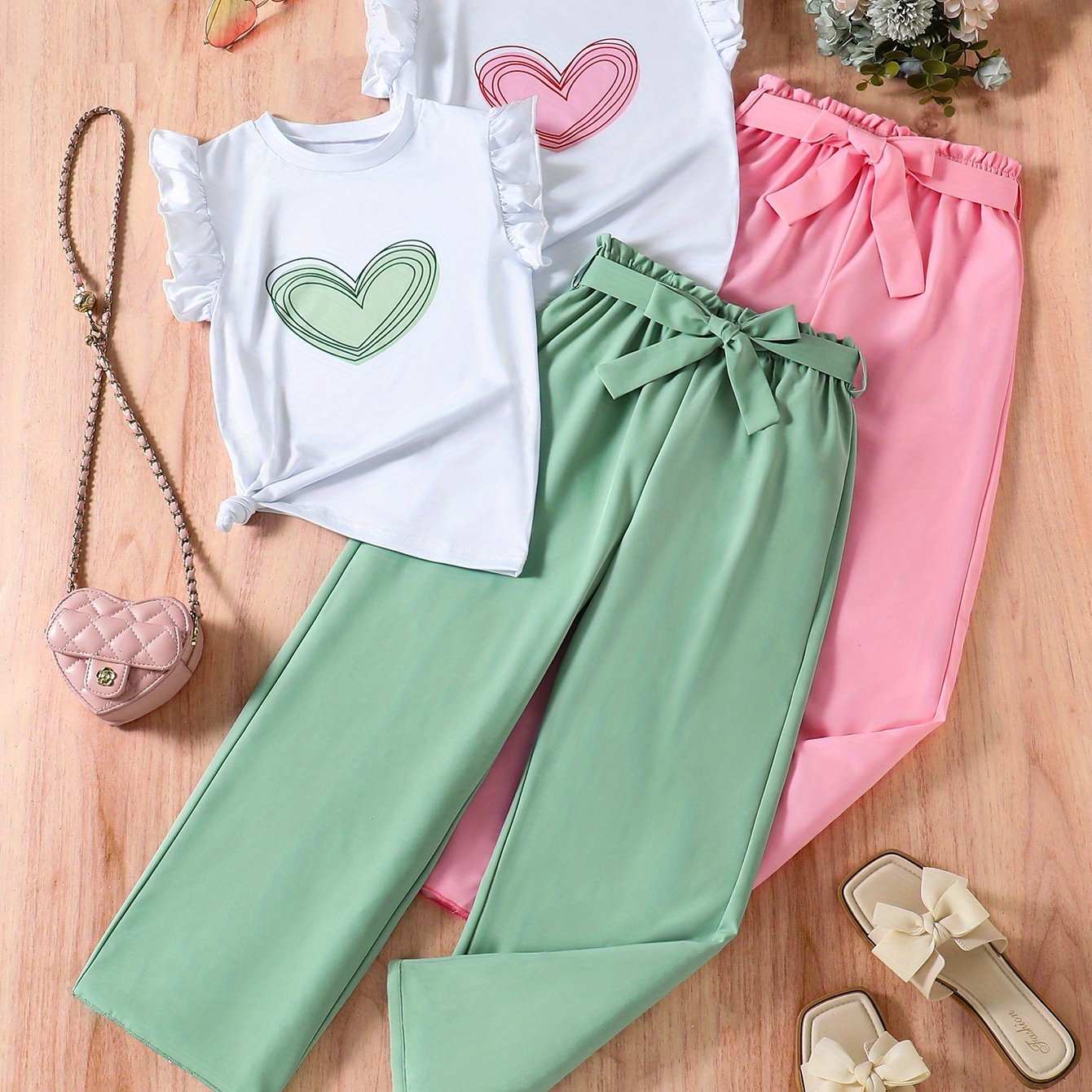 Image of Girls' 4pcs Set, Slicky Fiber Fabric Sleeveless Top + Pants Set, Perfect For Outdoor