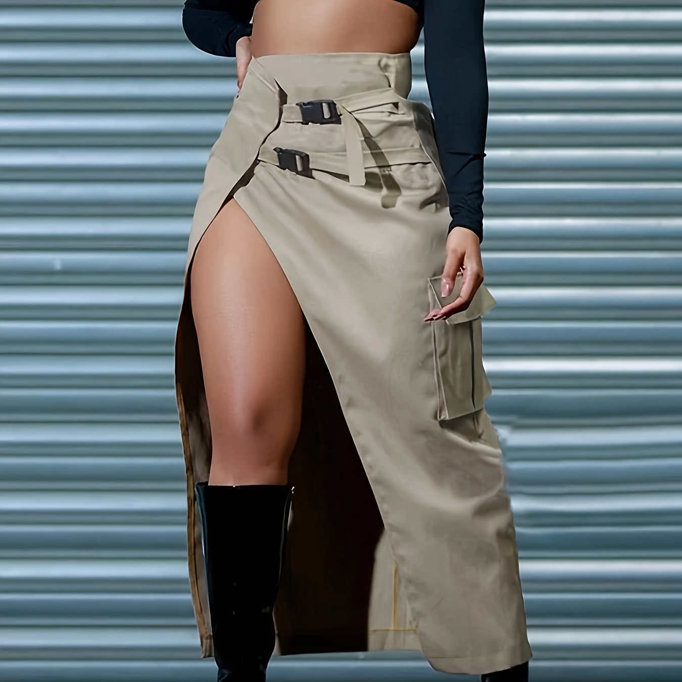 E-shop Damen Casual High-Waist, Asymmetrische Lange Rock mit Gürtel - Beige, , Einfarbig, Frühling/Sommer/Herbst, Casual Outfit|Asymmetrische