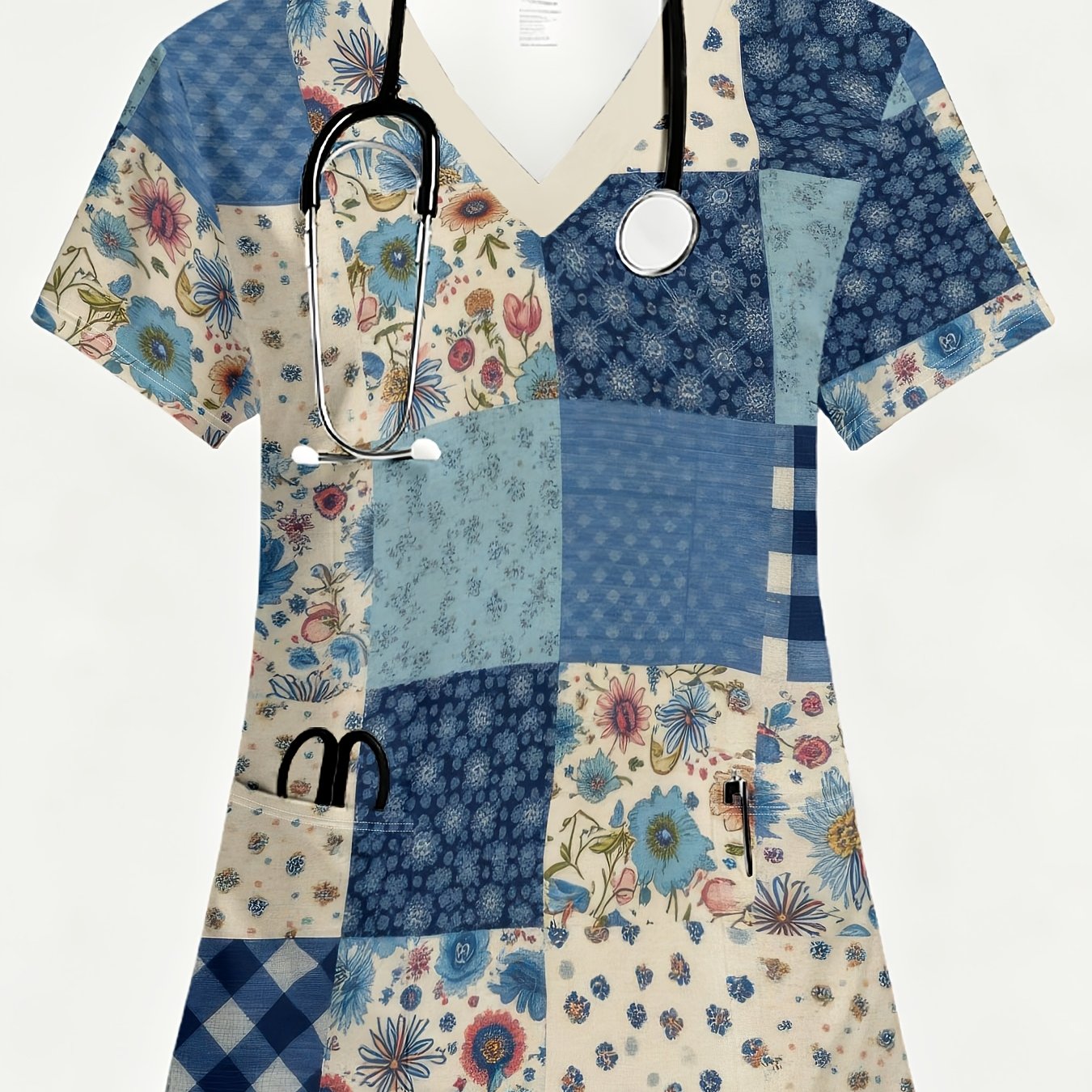 TEMU T-shirt élégant à col en V et manches courtes pour femmes - Haut de blouse, imprimé , motif patchwork floral bleu et blanc avec 2 poches , tissu