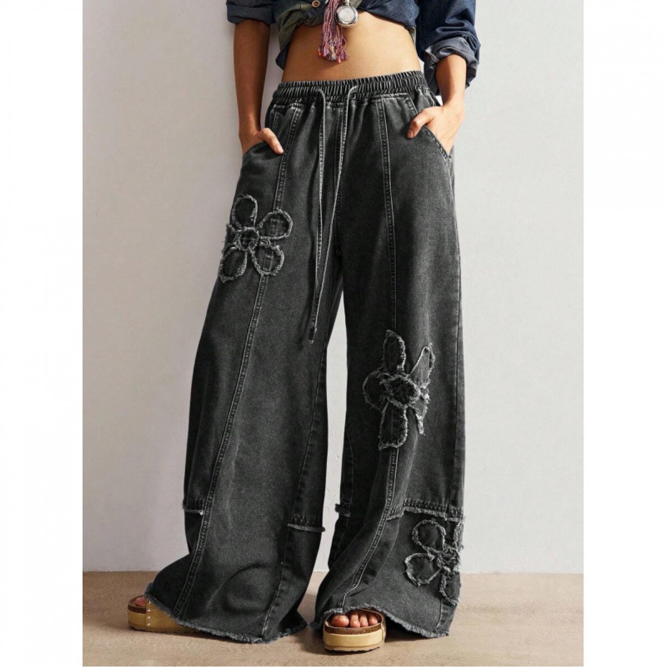 Image of 2026 Women's Plus Size Jeans, Retro Floral Patch Embroidered Wide Leg Jeans, Loose Hanging Feeling, Effect, Drawstring Elastic Waistband Pants