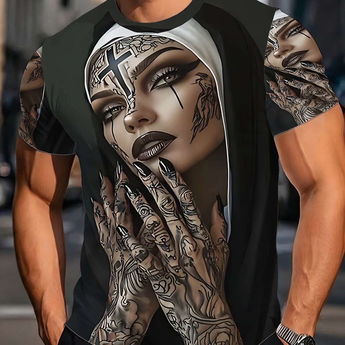 TEMU Tattoo Hands Art Print Men's T-shirt Stylish Casual Wear For Urban Perfect Gift For Father's Day And Birthday And Special Occasions